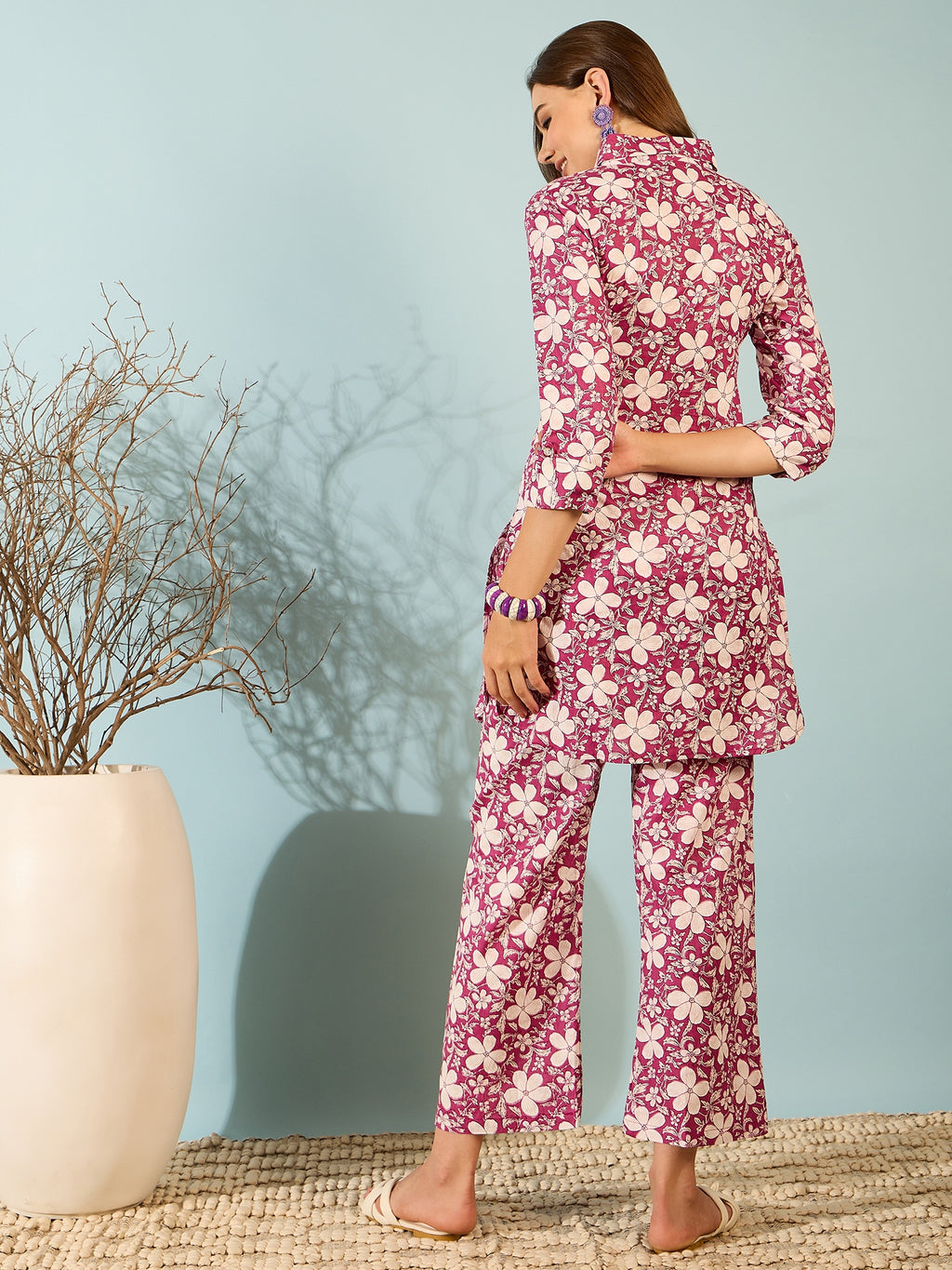 Magenta Floral Printed Kurta Palazzo Set for Women