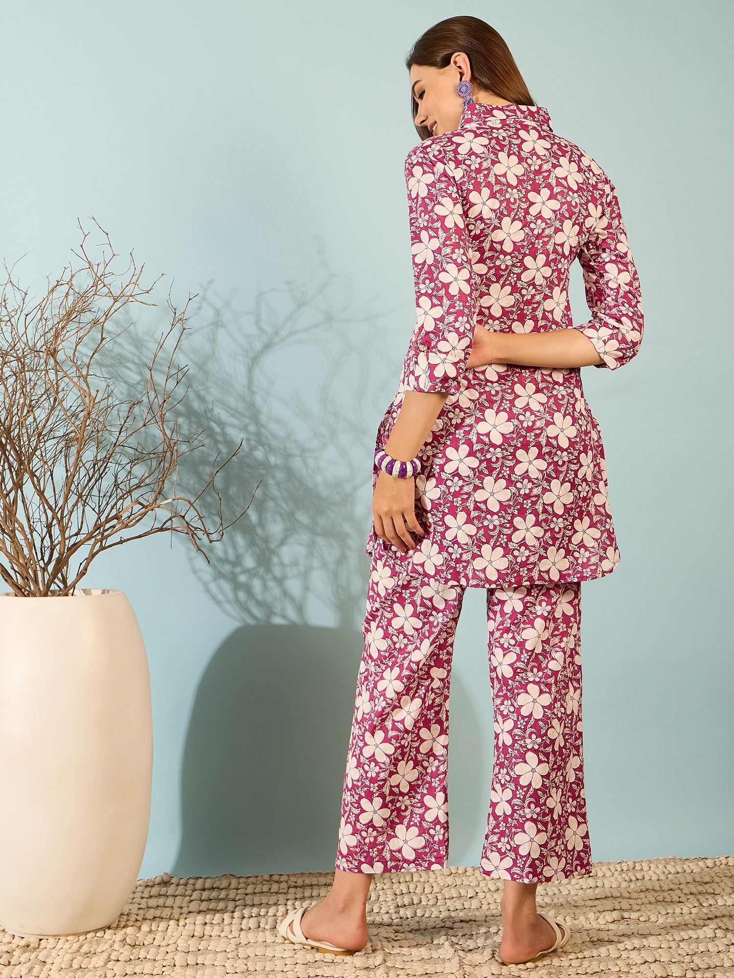 Magenta Floral Printed Kurta Palazzo Set for Women