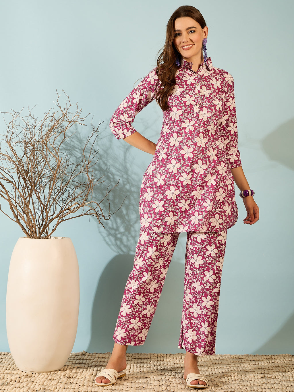 Magenta Floral Printed Kurta Palazzo Set for Women