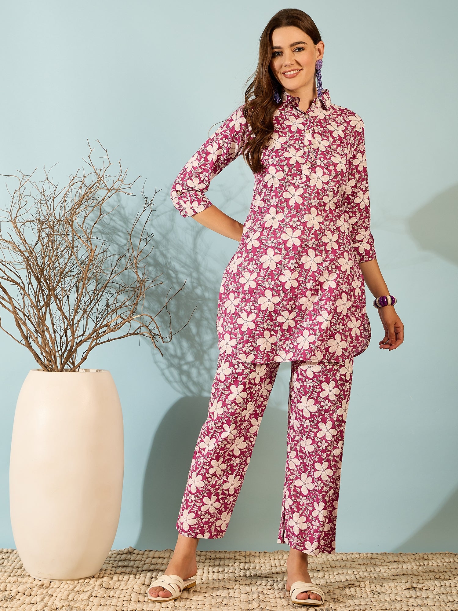 Magenta Floral Printed Kurta Palazzo Set for Women