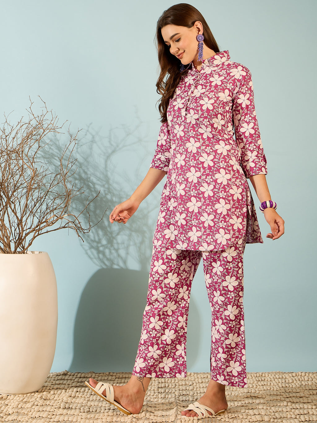 Magenta Floral Printed Kurta Palazzo Set for Women