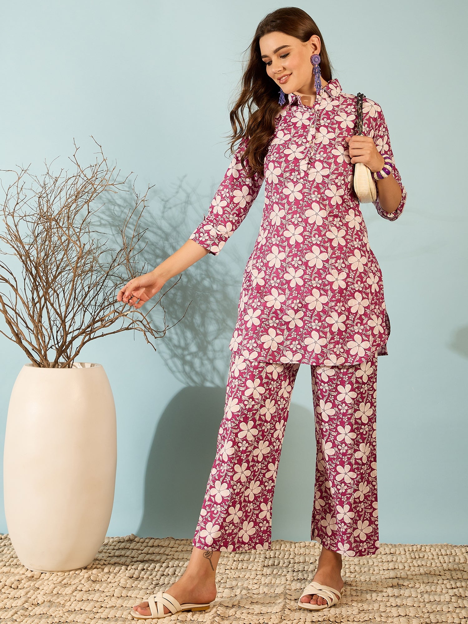 Magenta Floral Printed Kurta Palazzo Set for Women