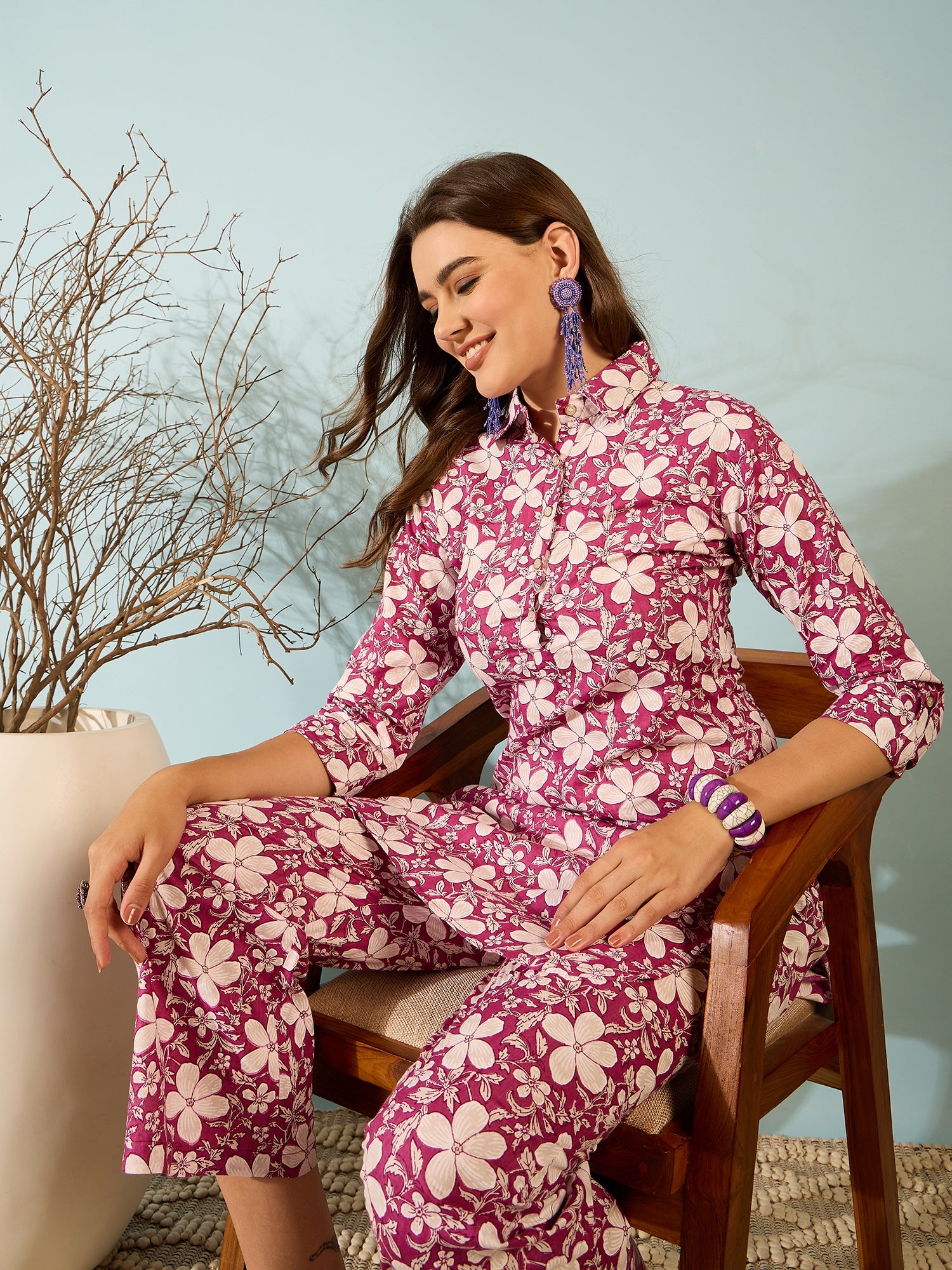 Magenta Floral Printed Kurta Palazzo Set for Women