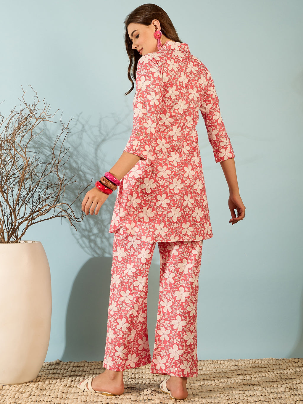 Coral Pink Floral Printed Kurta Palazzo Set for Women
