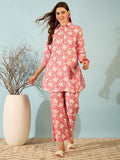 Coral Pink Floral Printed Kurta Palazzo Set for Women