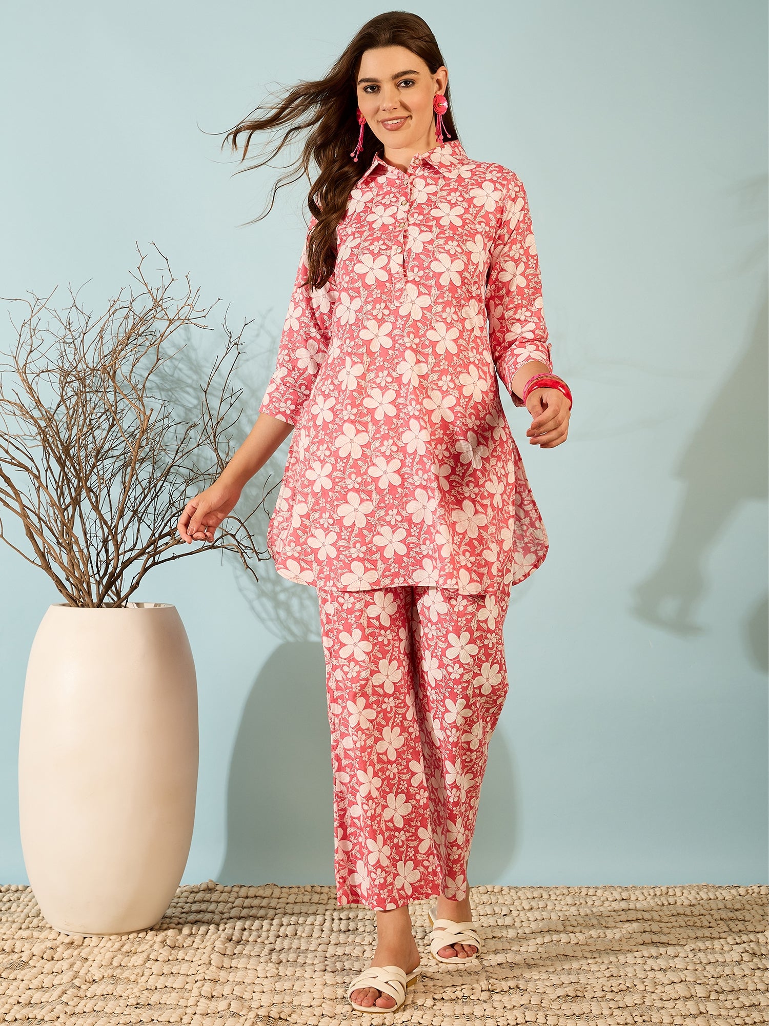 Coral Pink Floral Printed Kurta Palazzo Set for Women