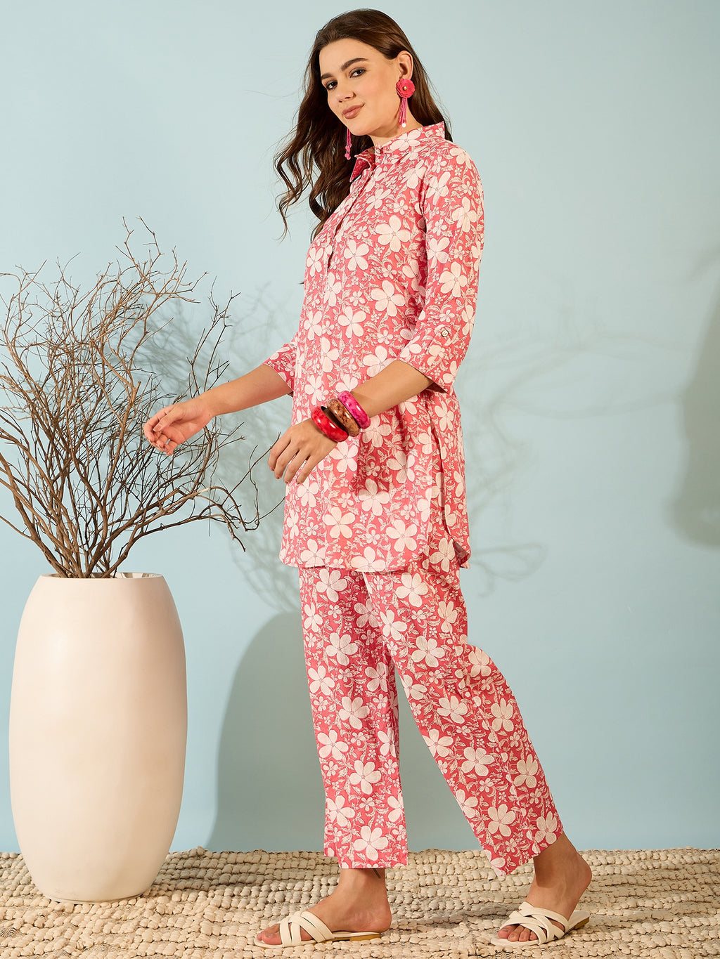 Coral Pink Floral Printed Kurta Palazzo Set for Women
