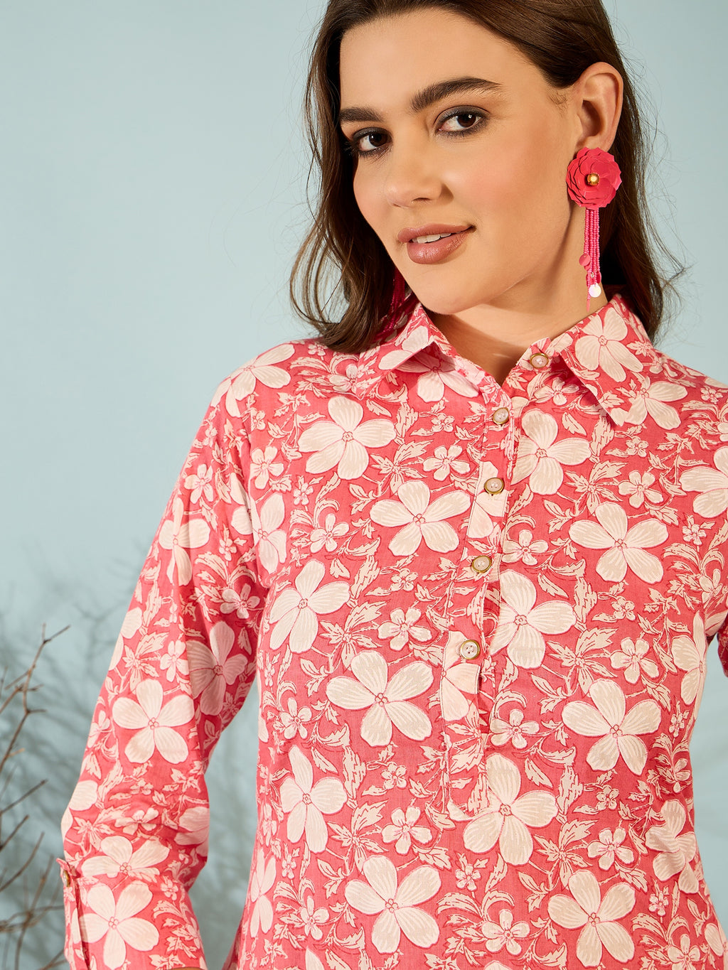Coral Pink Floral Printed Kurta Palazzo Set for Women