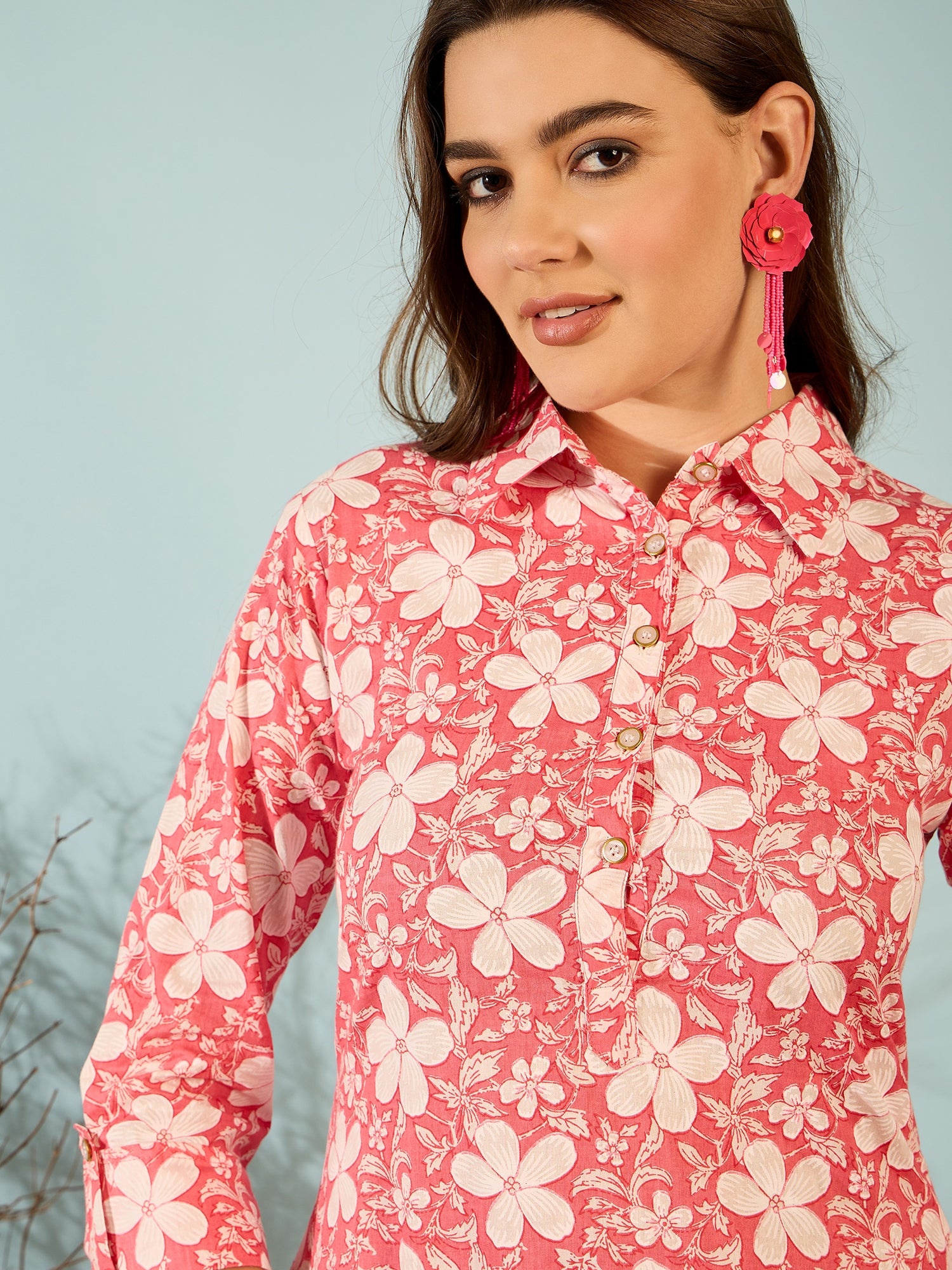 Coral Pink Floral Printed Kurta Palazzo Set for Women
