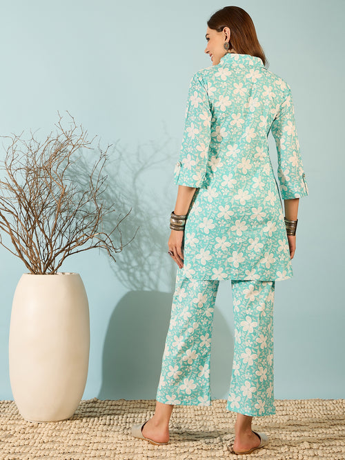 Aqua Floral Printed Kurta & Pant Co-ord Set