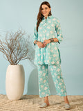Aqua Floral Printed Kurta & Pant Co-ord Set