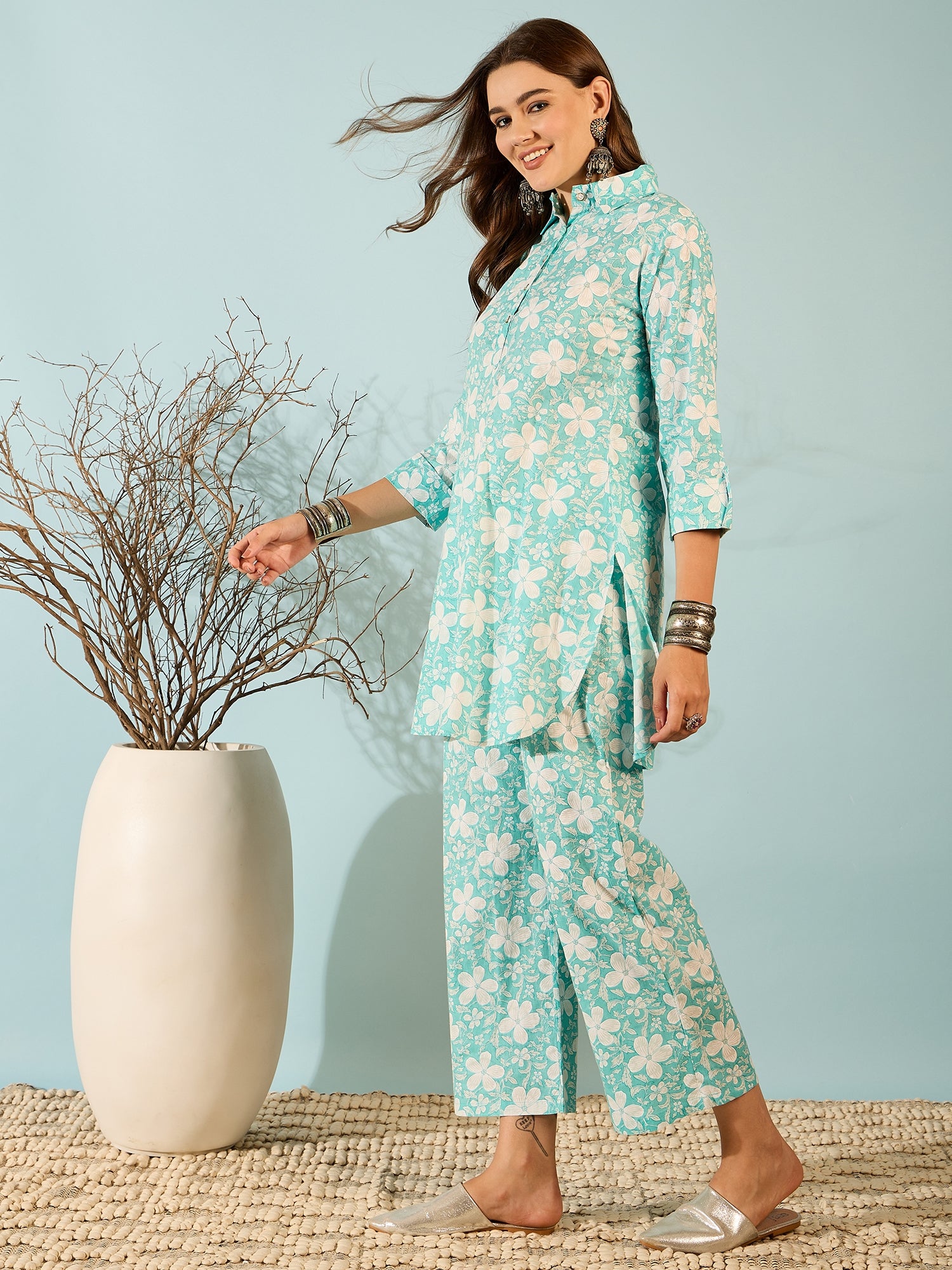 Aqua Floral Printed Kurta & Pant Co-ord Set