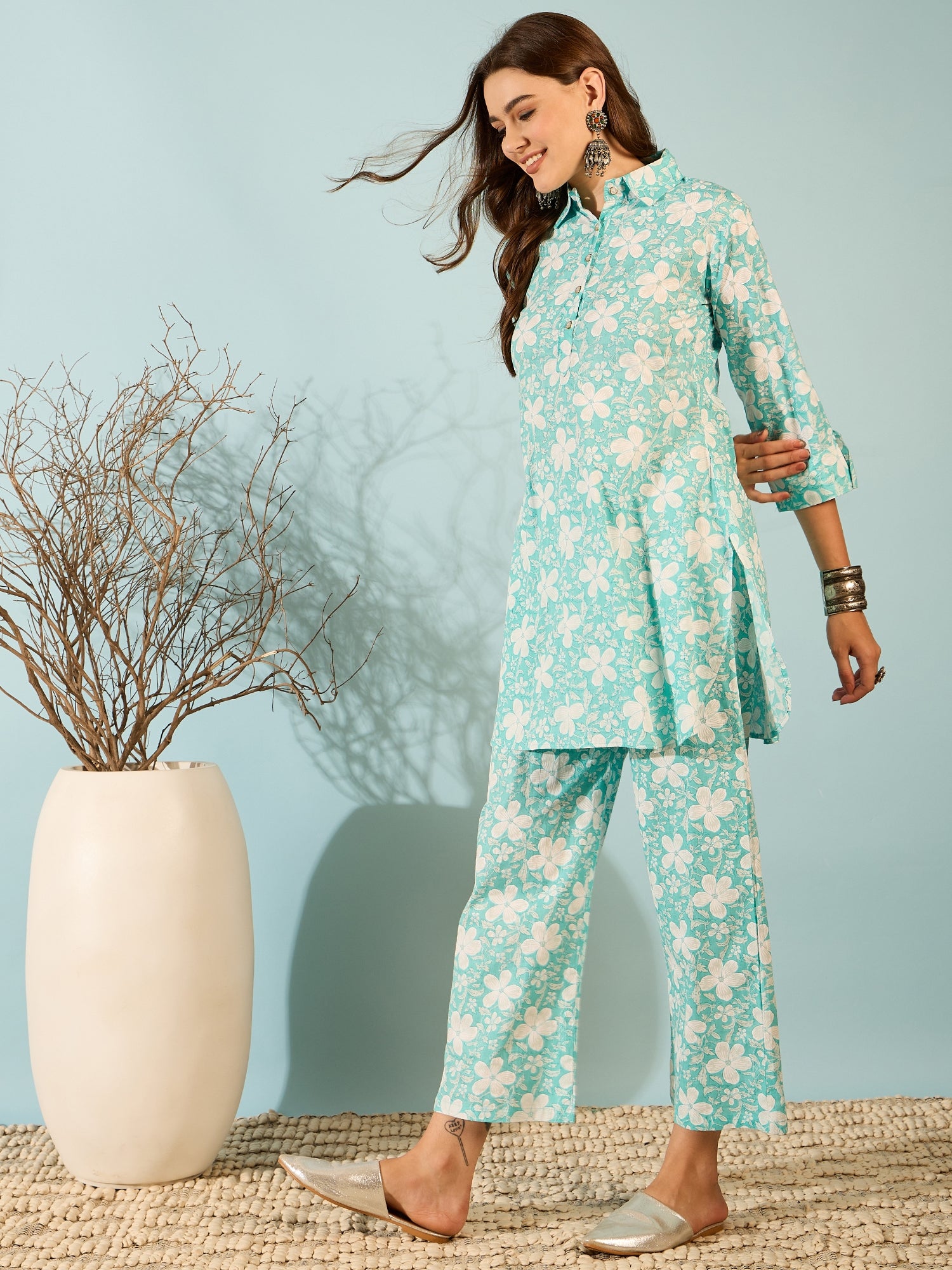 Aqua Floral Printed Kurta & Pant Co-ord Set
