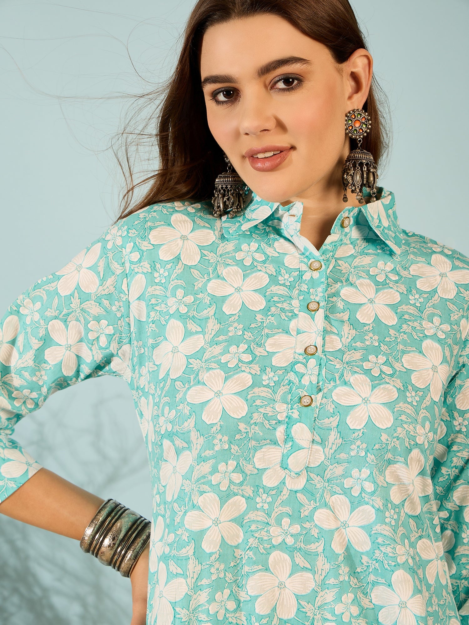 Aqua Floral Printed Kurta & Pant Co-ord Set