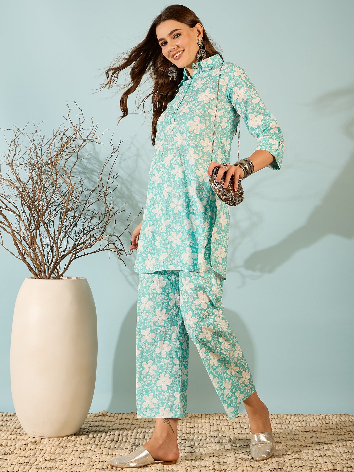Aqua Floral Printed Kurta & Pant Co-ord Set