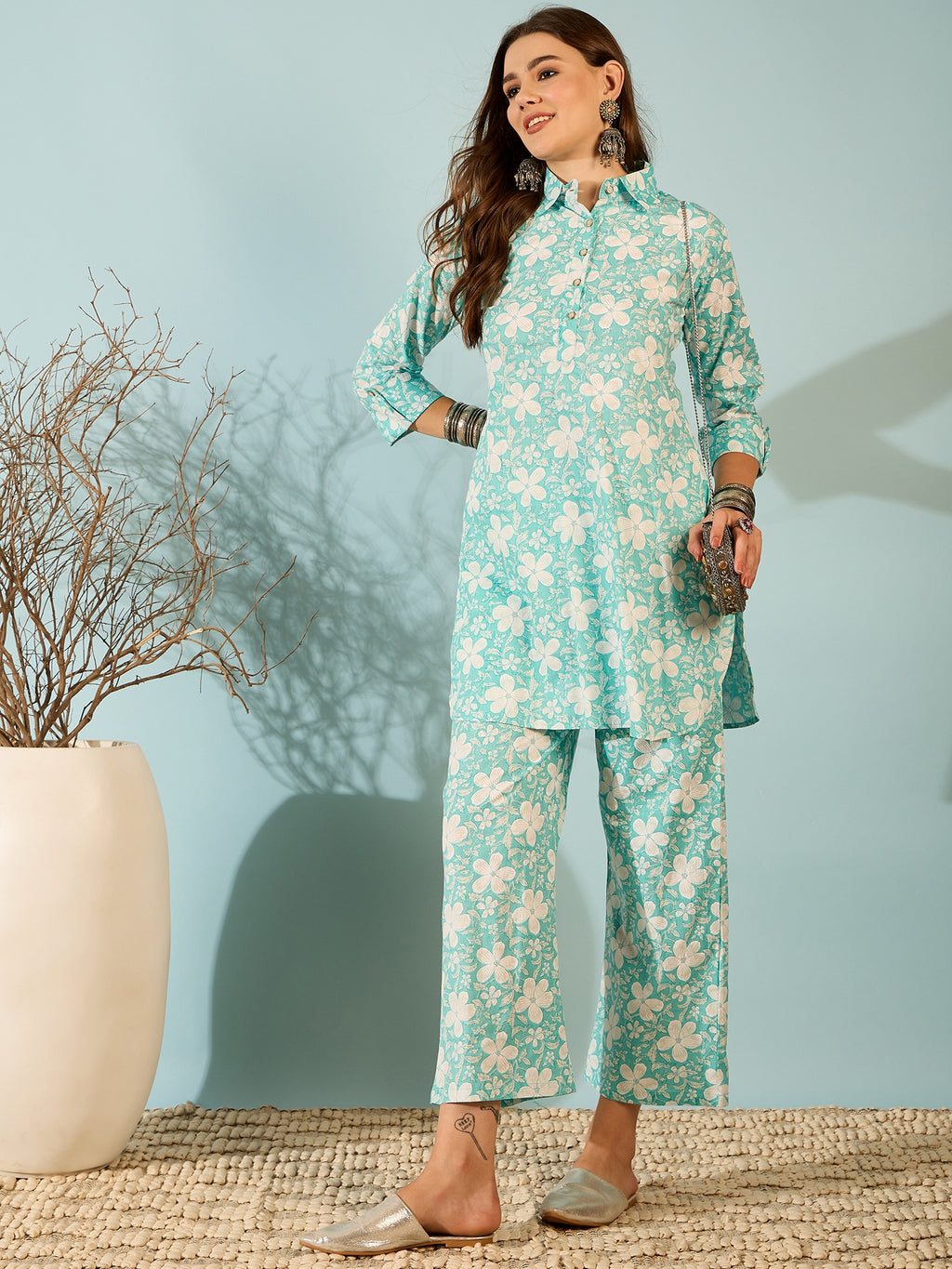 Aqua Floral Printed Kurta & Pant Co-ord Set