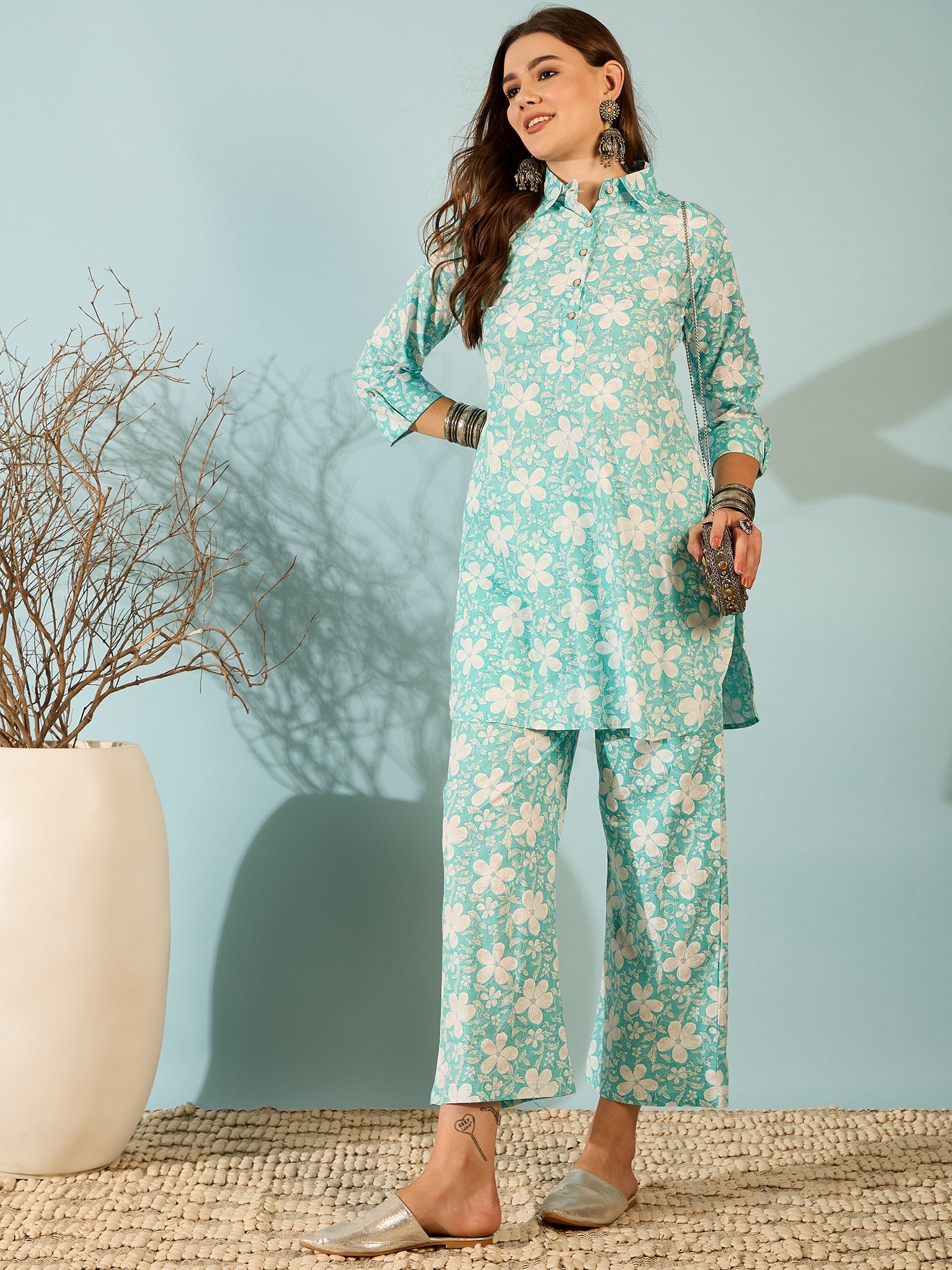 Aqua Floral Printed Kurta & Pant Co-ord Set