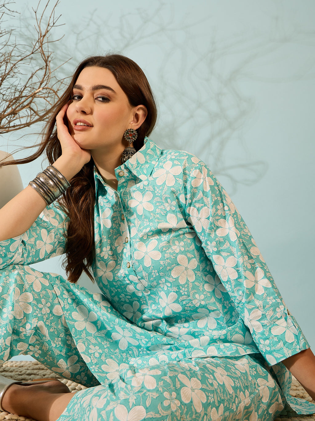 Aqua Floral Printed Kurta & Pant Co-ord Set
