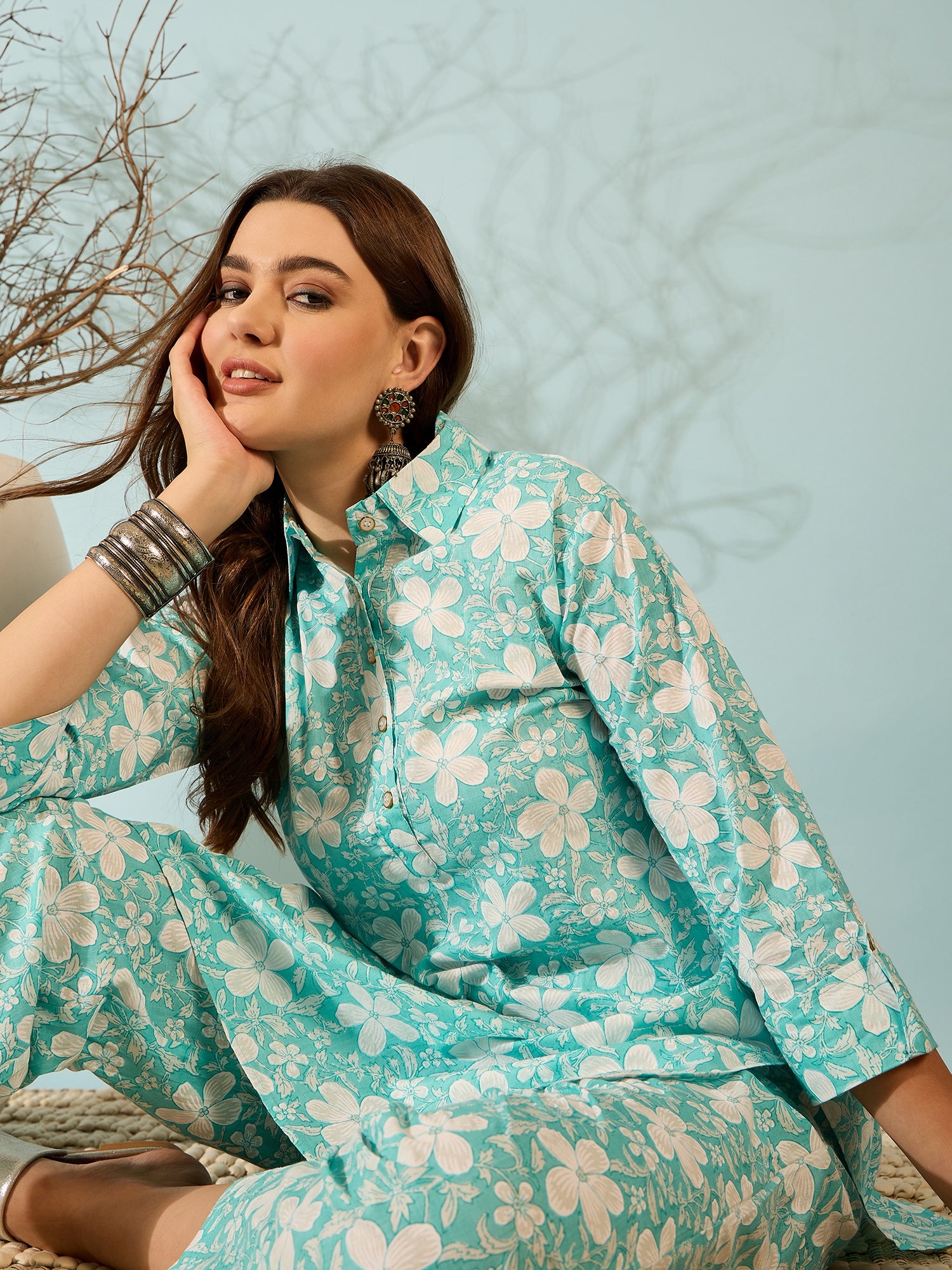Aqua Floral Printed Kurta & Pant Co-ord Set