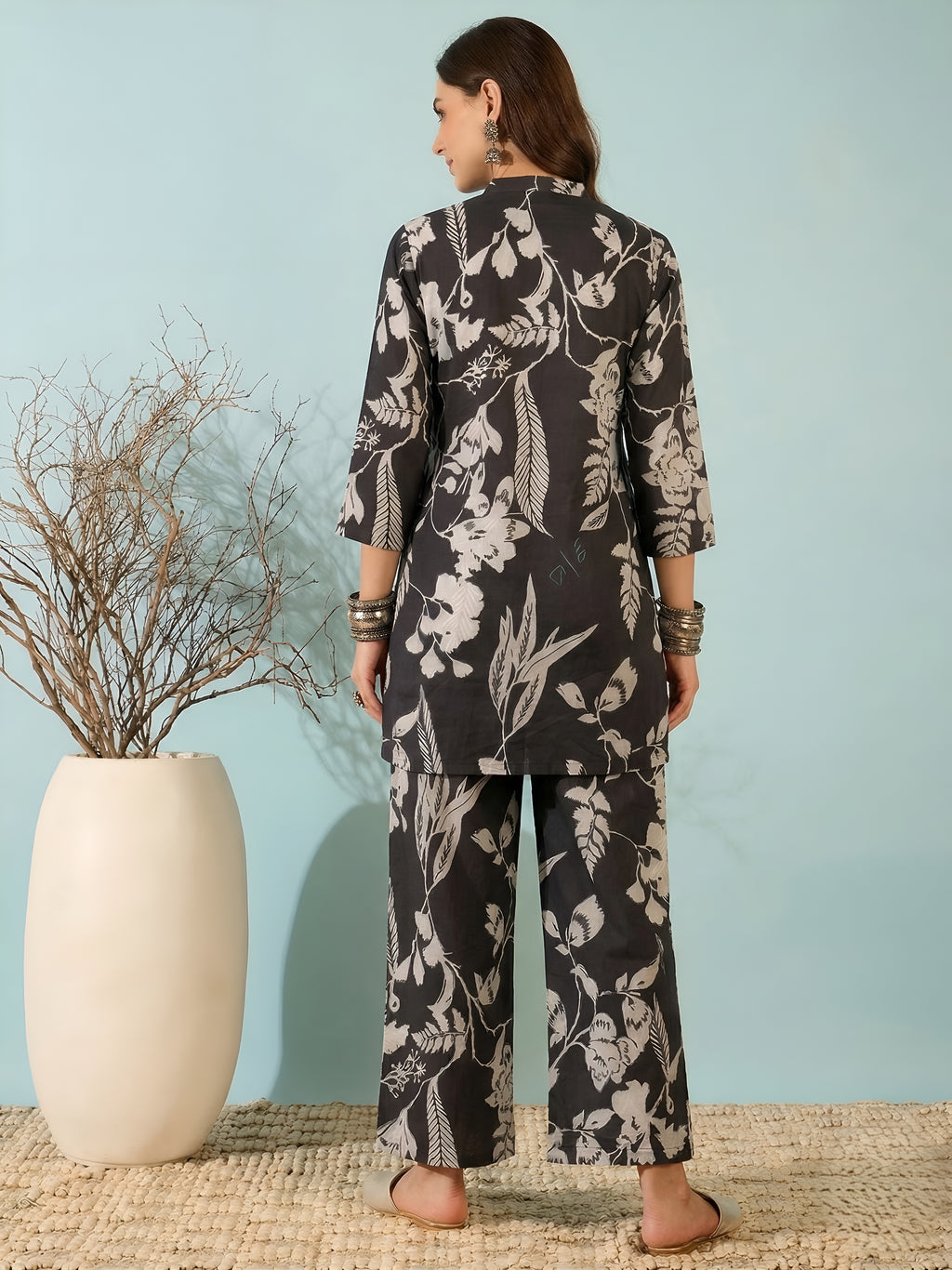 Black Floral Print Co-Ord Set with Straight Pants