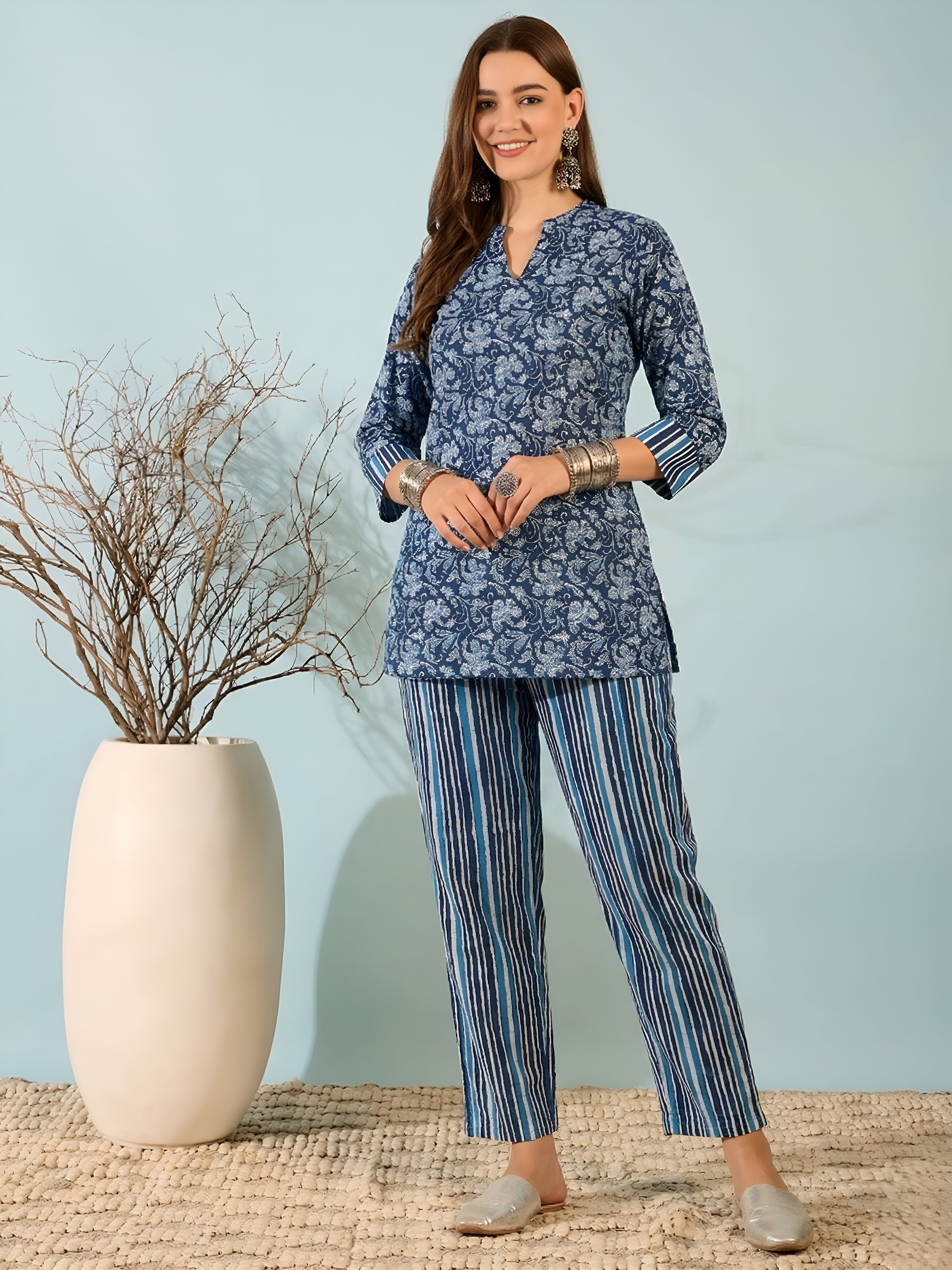 Navy Blue Floral Cotton Kurti with Striped Pants Co-ord Set for Women
