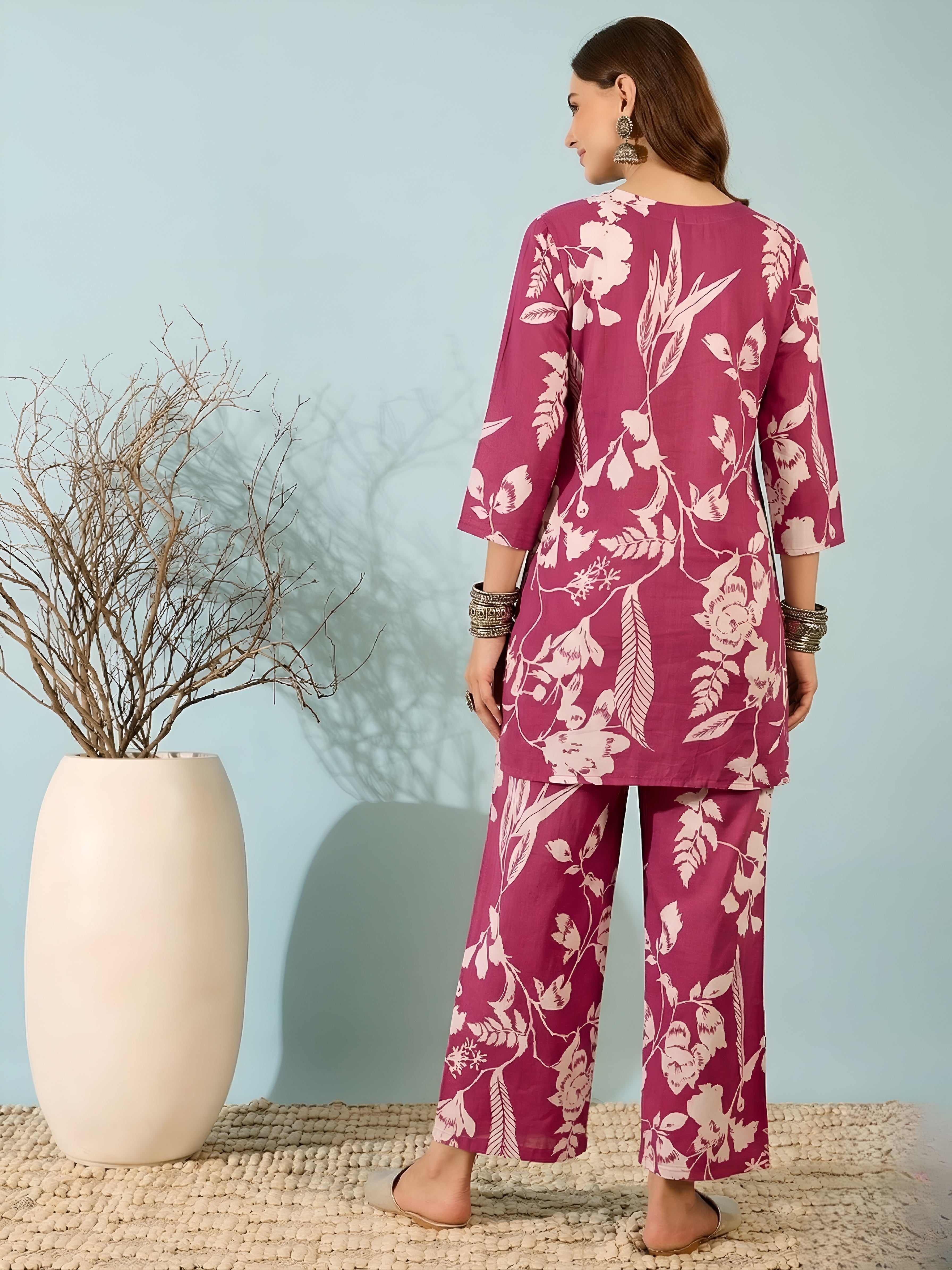 Rose Pink Floral Kurti & Pant Co-Ord Set