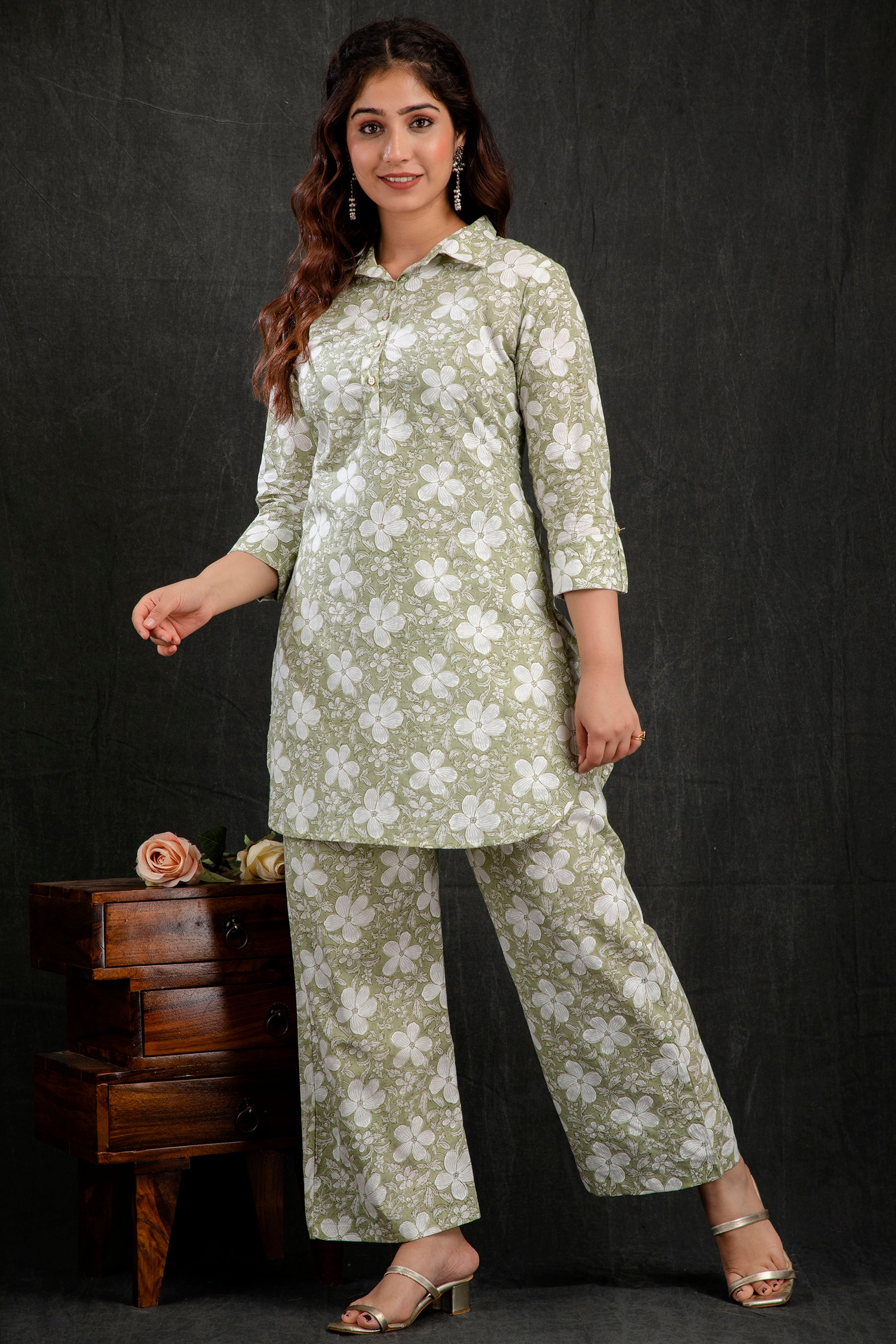 Mint Green Floral Printed Kurta Palazzo Set for Women