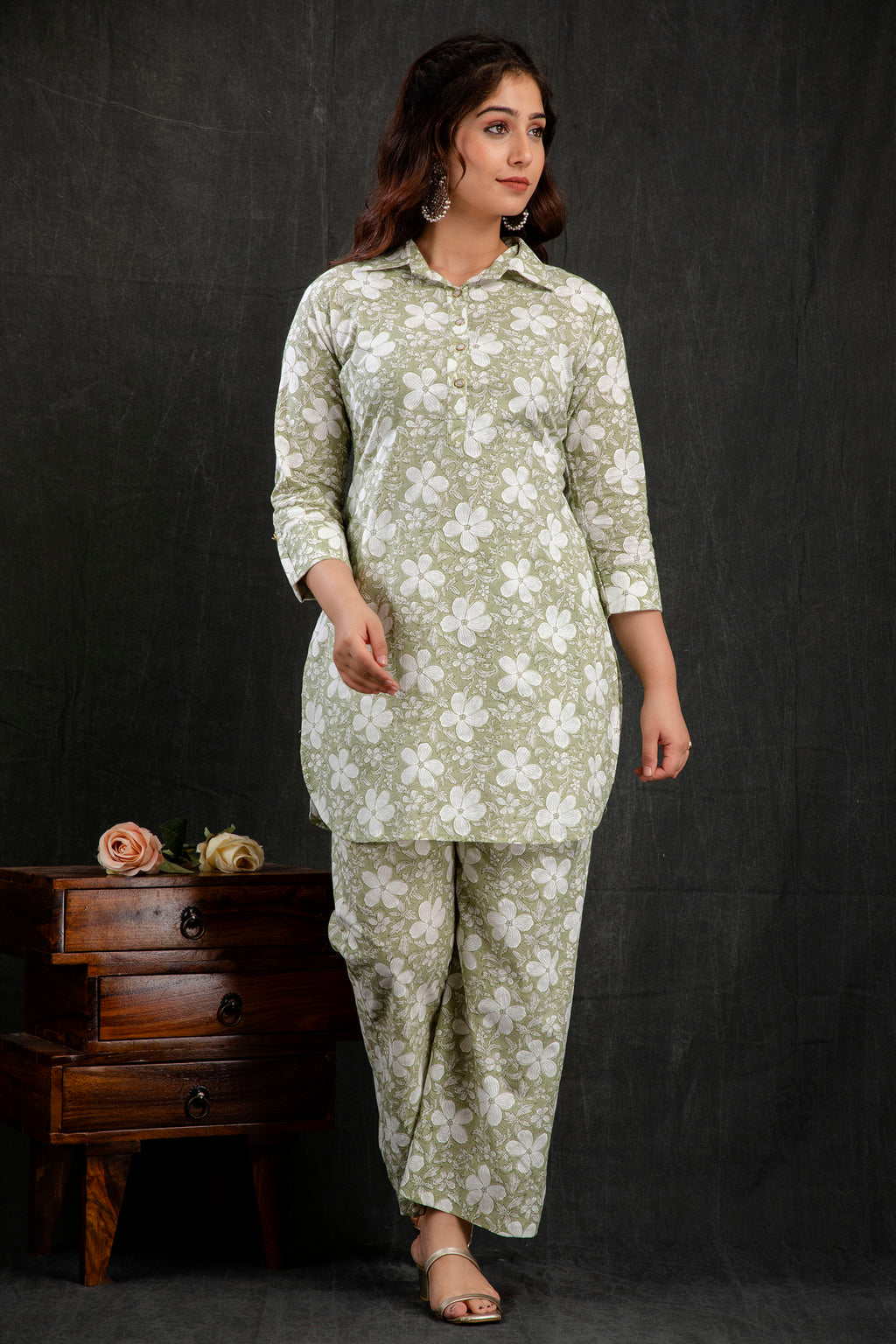 Mint Green Floral Printed Kurta Palazzo Set for Women