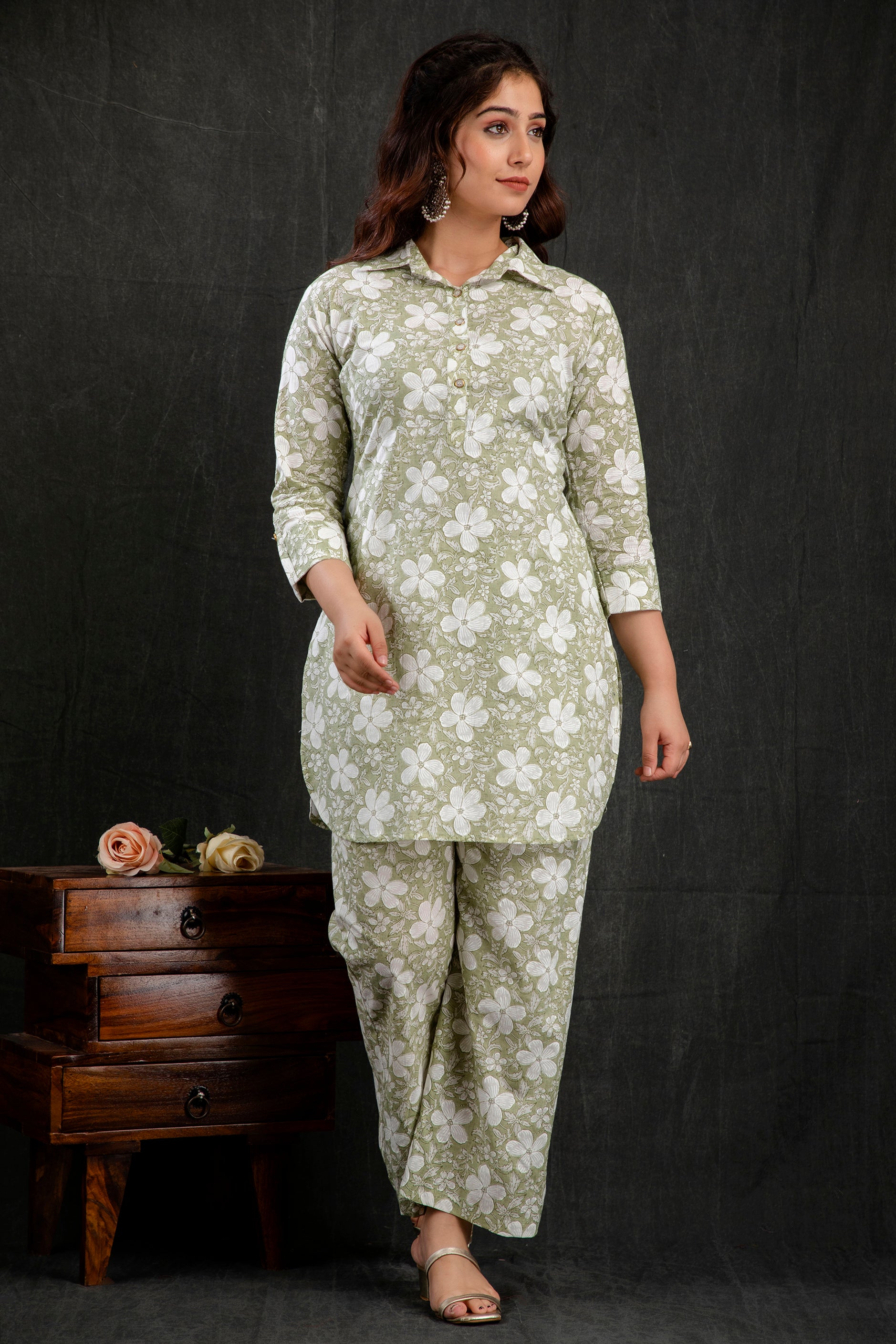 Mint Green Floral Printed Kurta Palazzo Set for Women