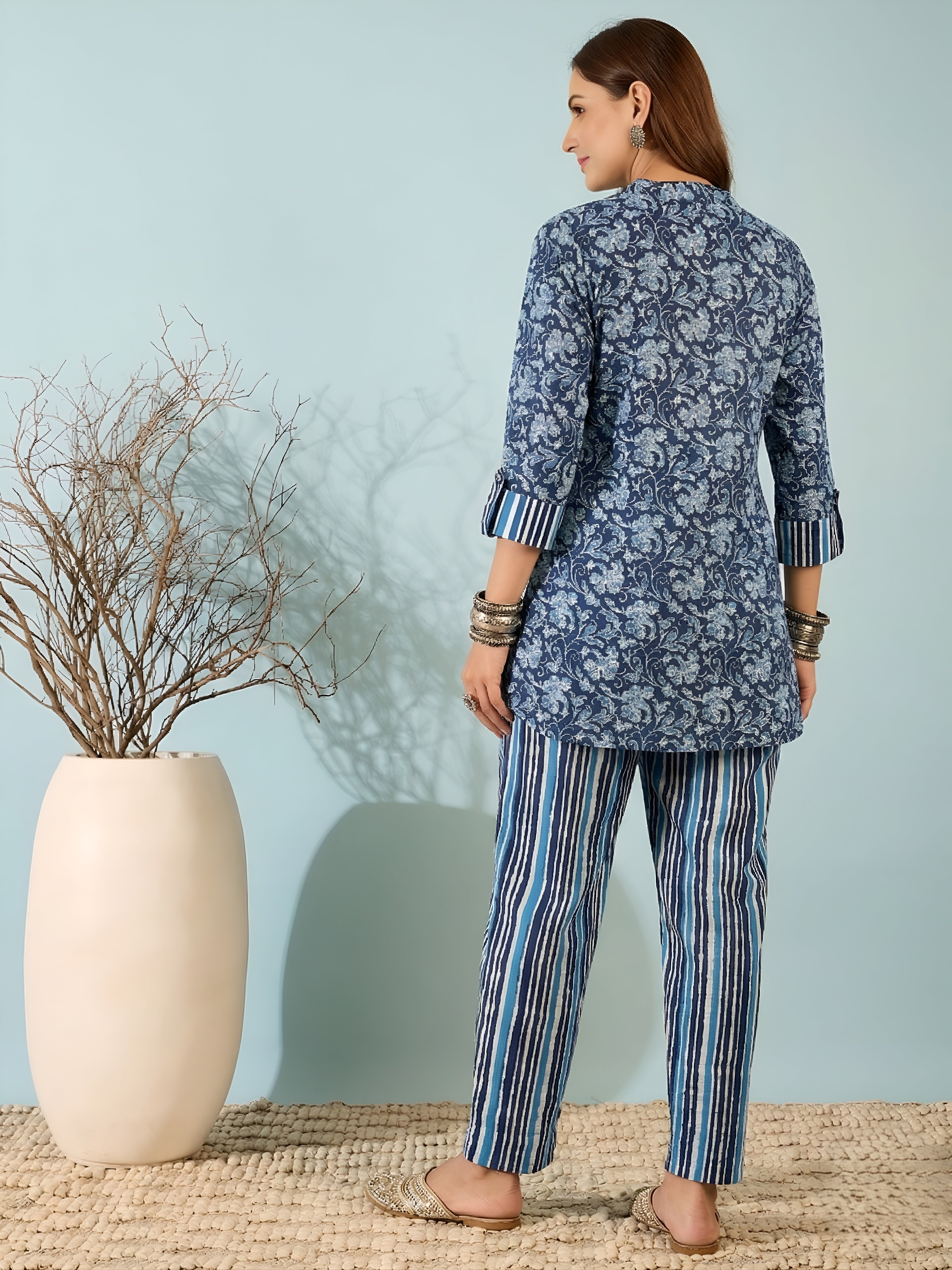 Navy Blue Floral Cotton Kurti with Striped Pants Co-ord Set for Women