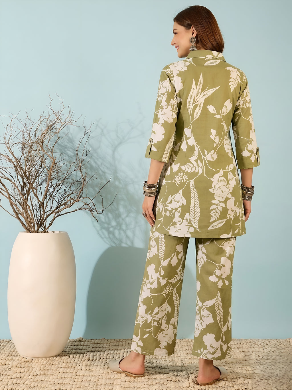 Olive Green Floral Printed Co-ord Set for Women