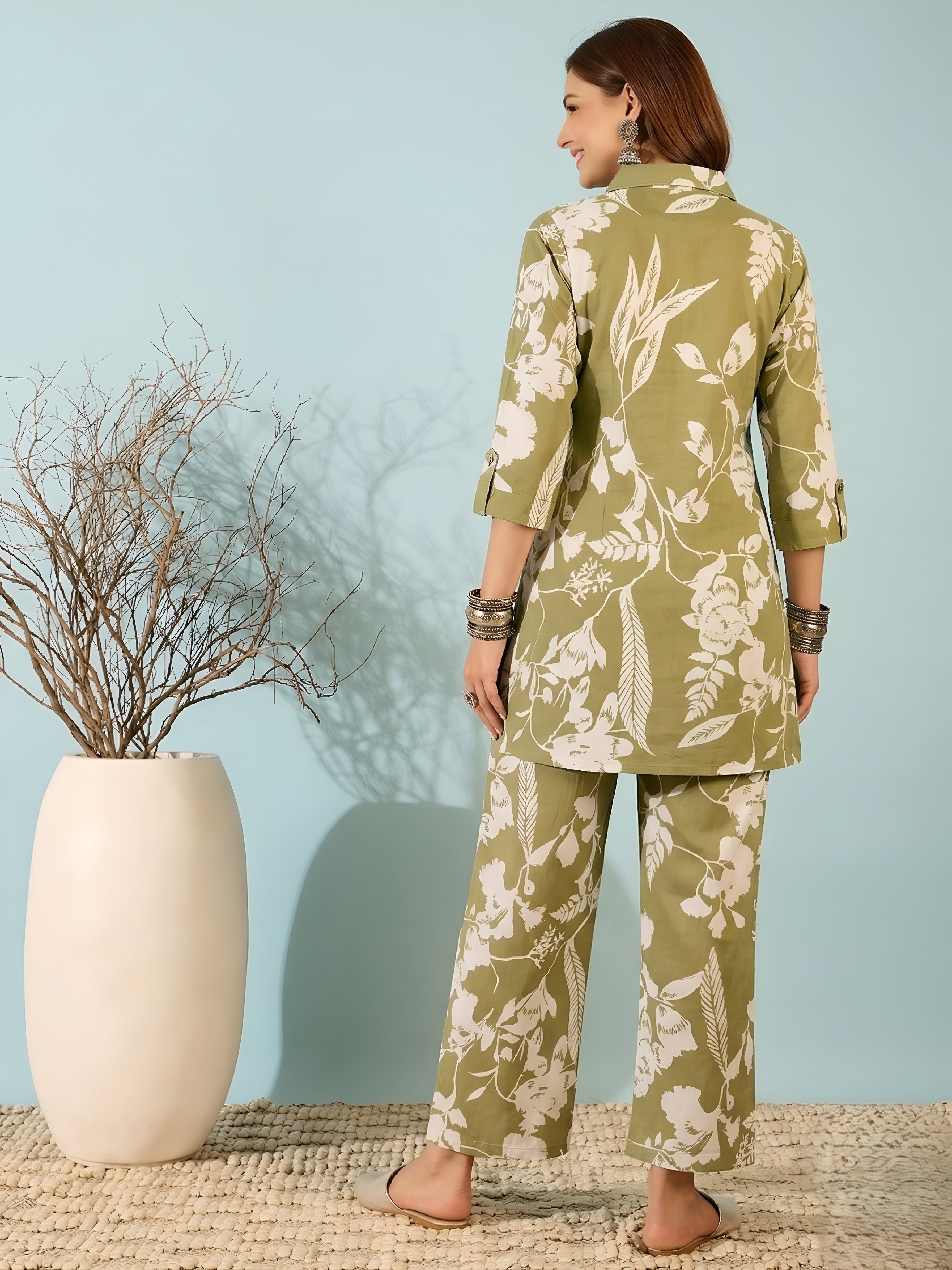 Olive Green Floral Printed Co-ord Set for Women