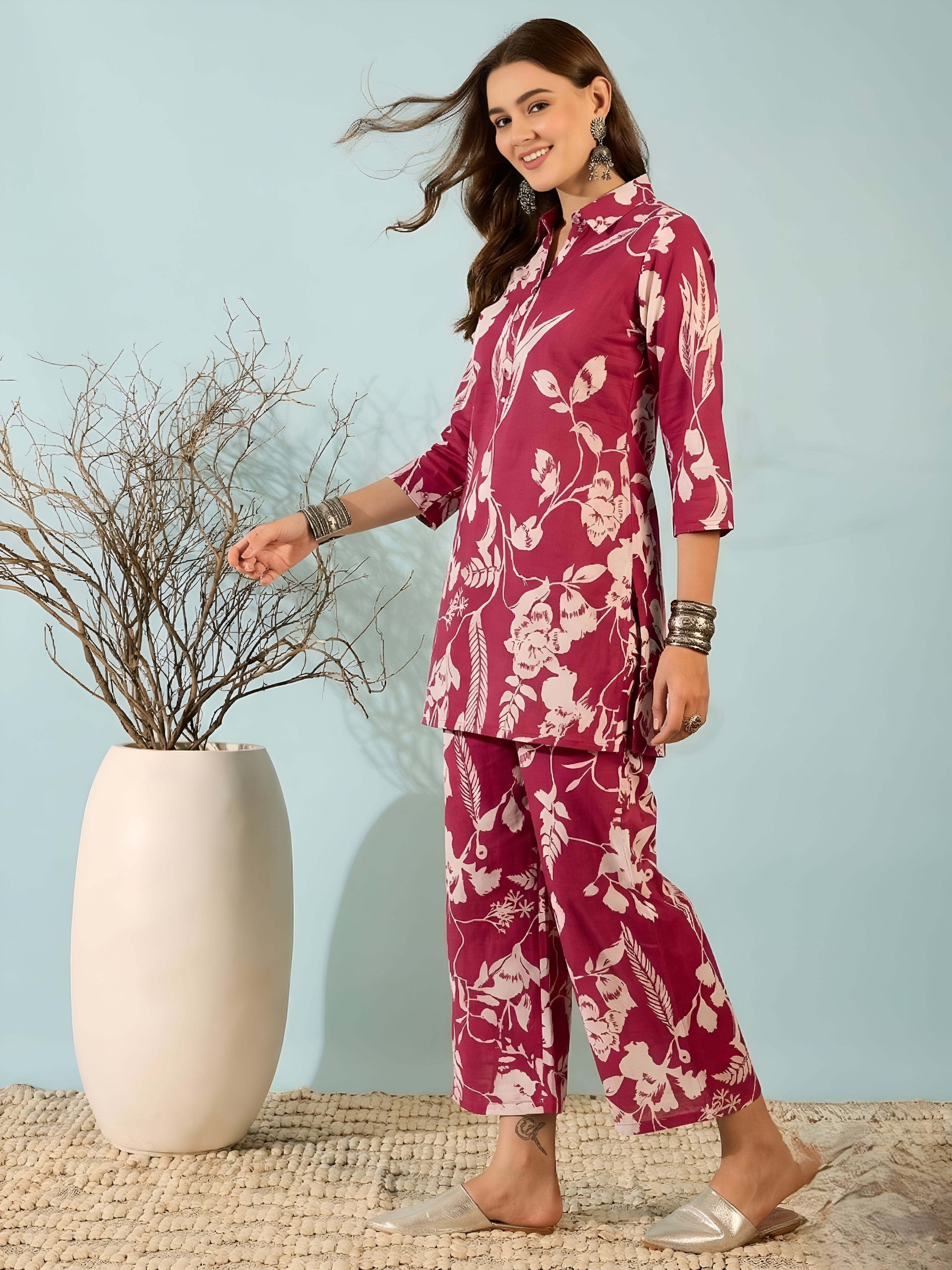 Rose Pink Floral Kurti & Pant Co-Ord Set