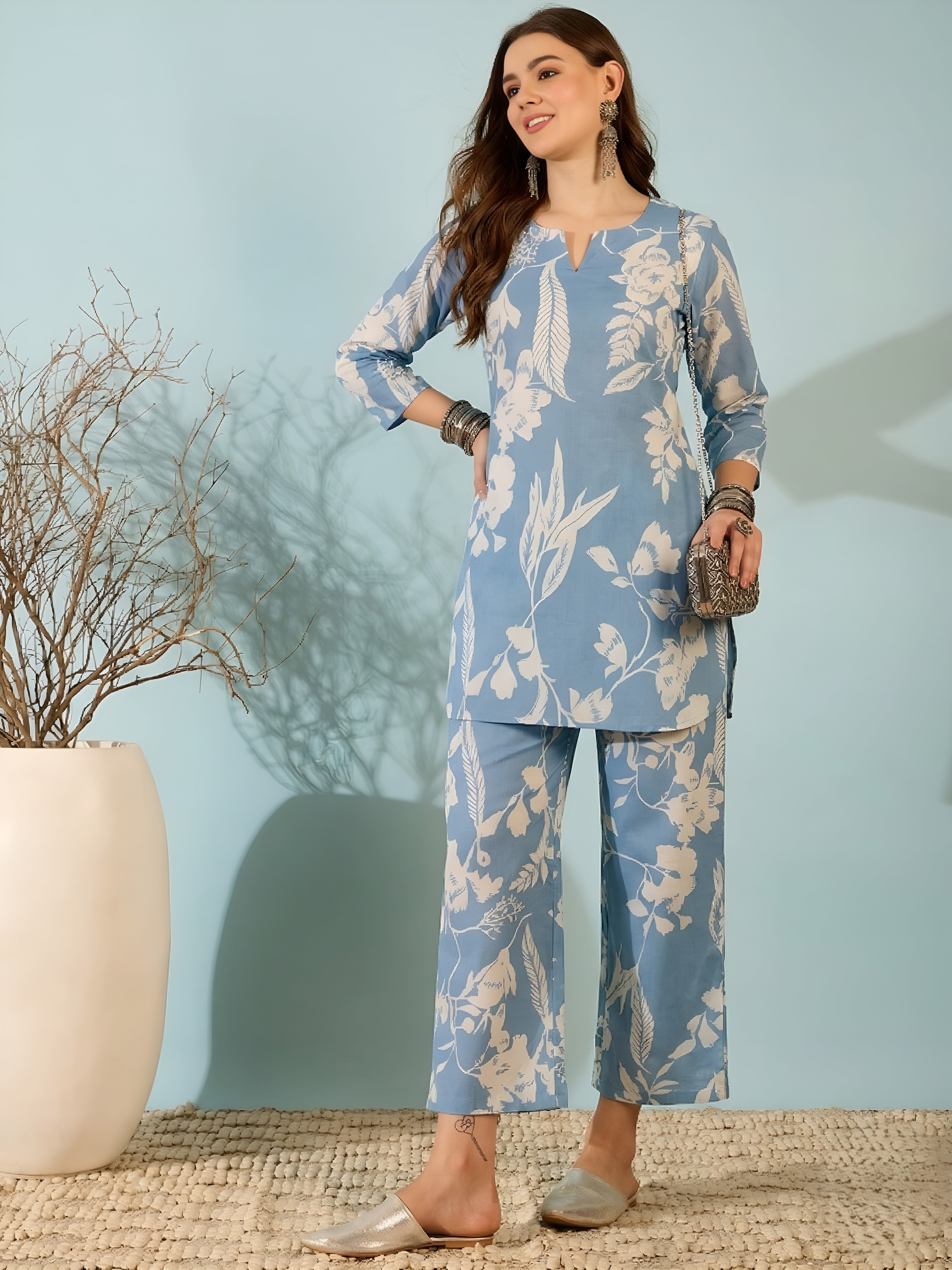 Blue Floral Printed Kurta & Pant Co-ord Set for Women