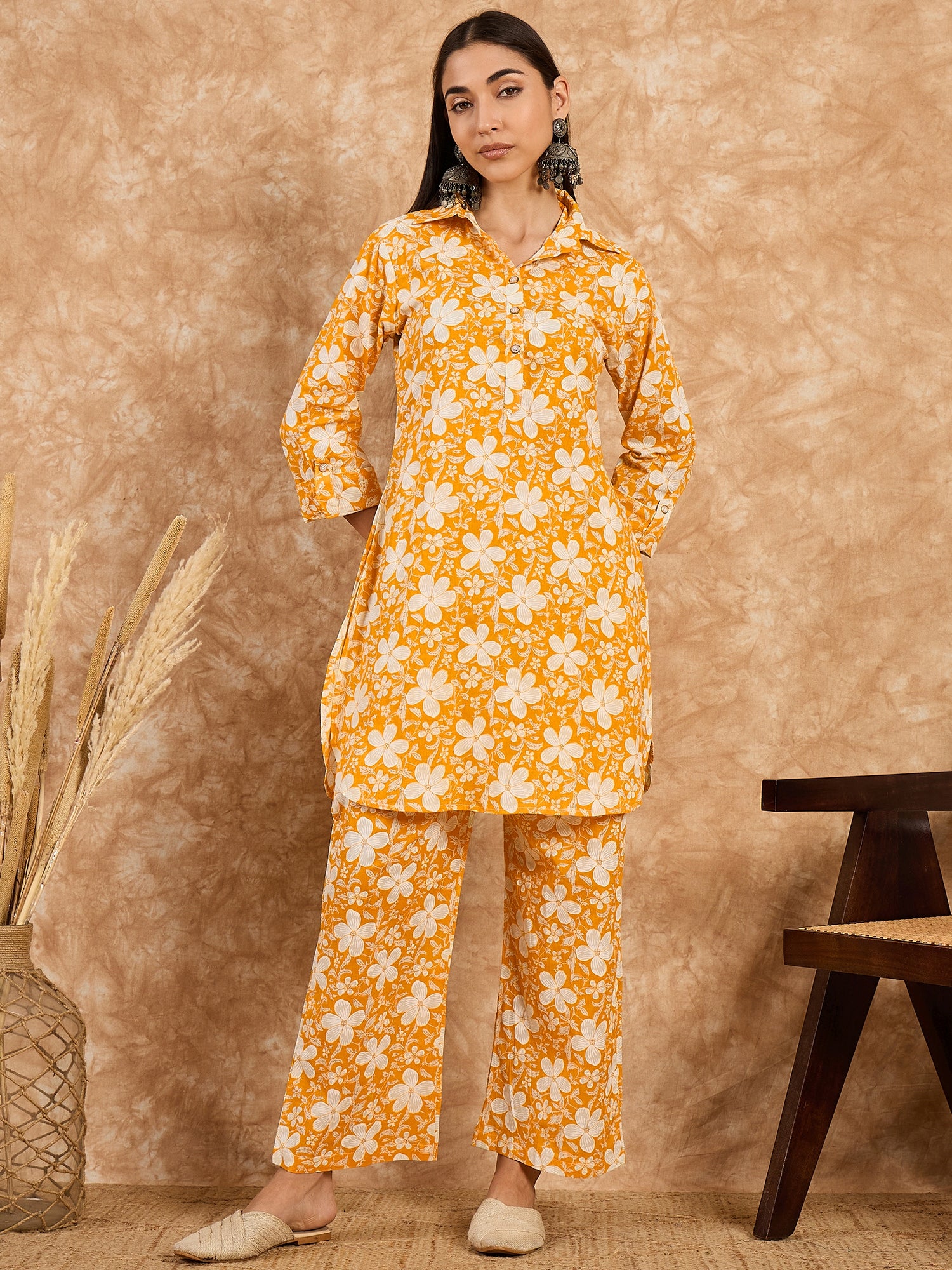 Mustard Floral Printed Kurta Pant Co-Ord Set