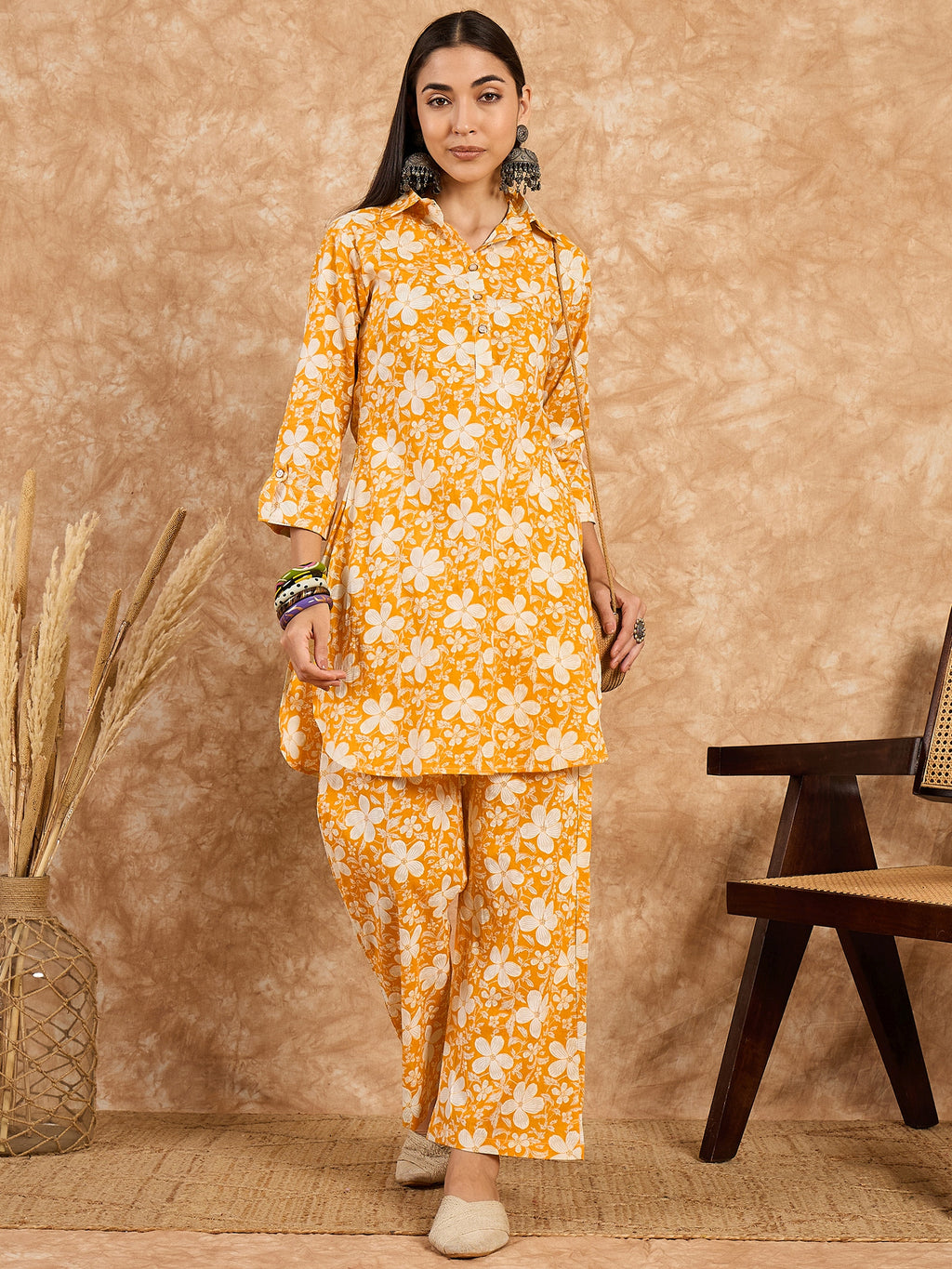Mustard Floral Printed Kurta Pant Co-Ord Set