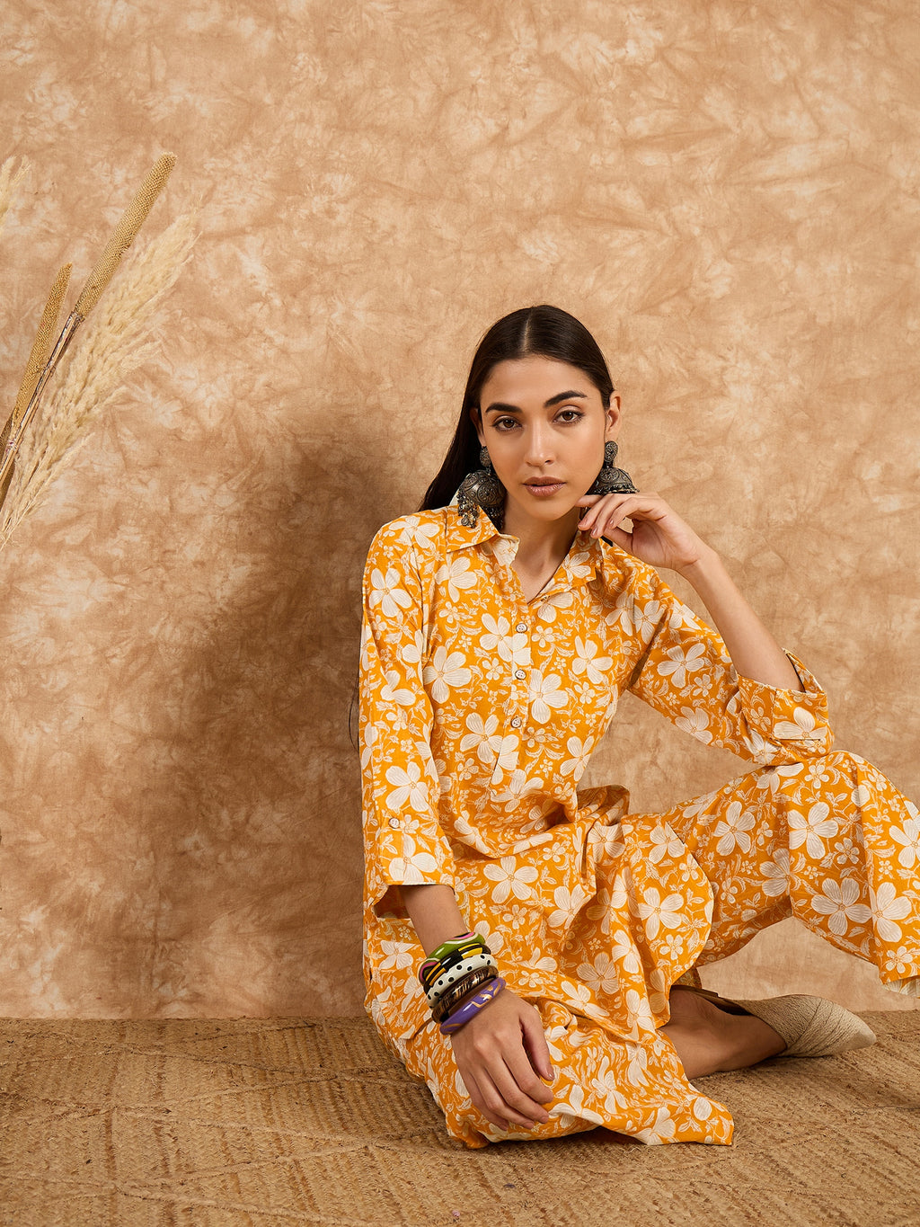 Mustard Floral Printed Kurta Pant Co-Ord Set