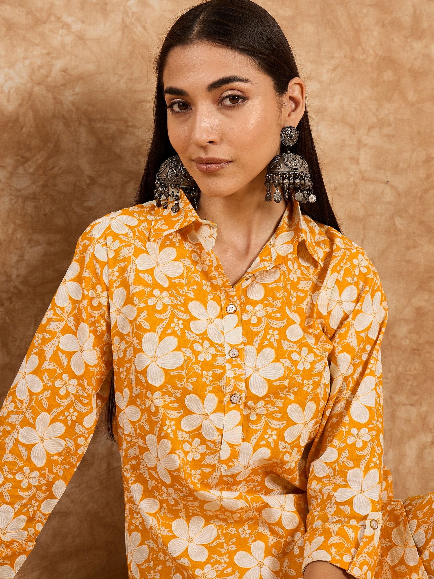 Mustard Floral Printed Kurta Pant Co-Ord Set