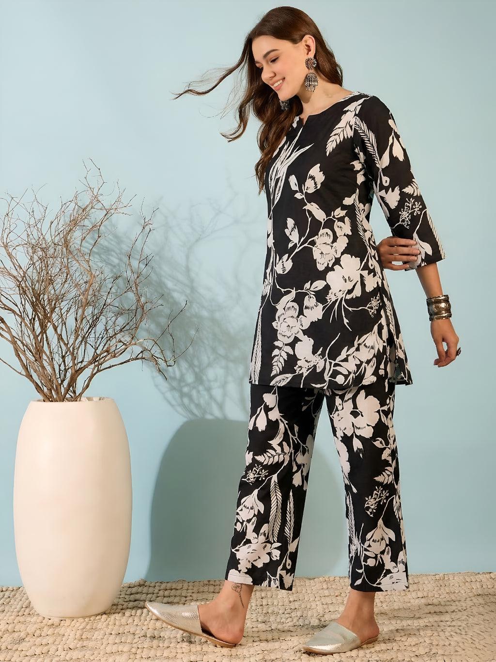 Black Floral Print Co-Ord Set with Straight Pants
