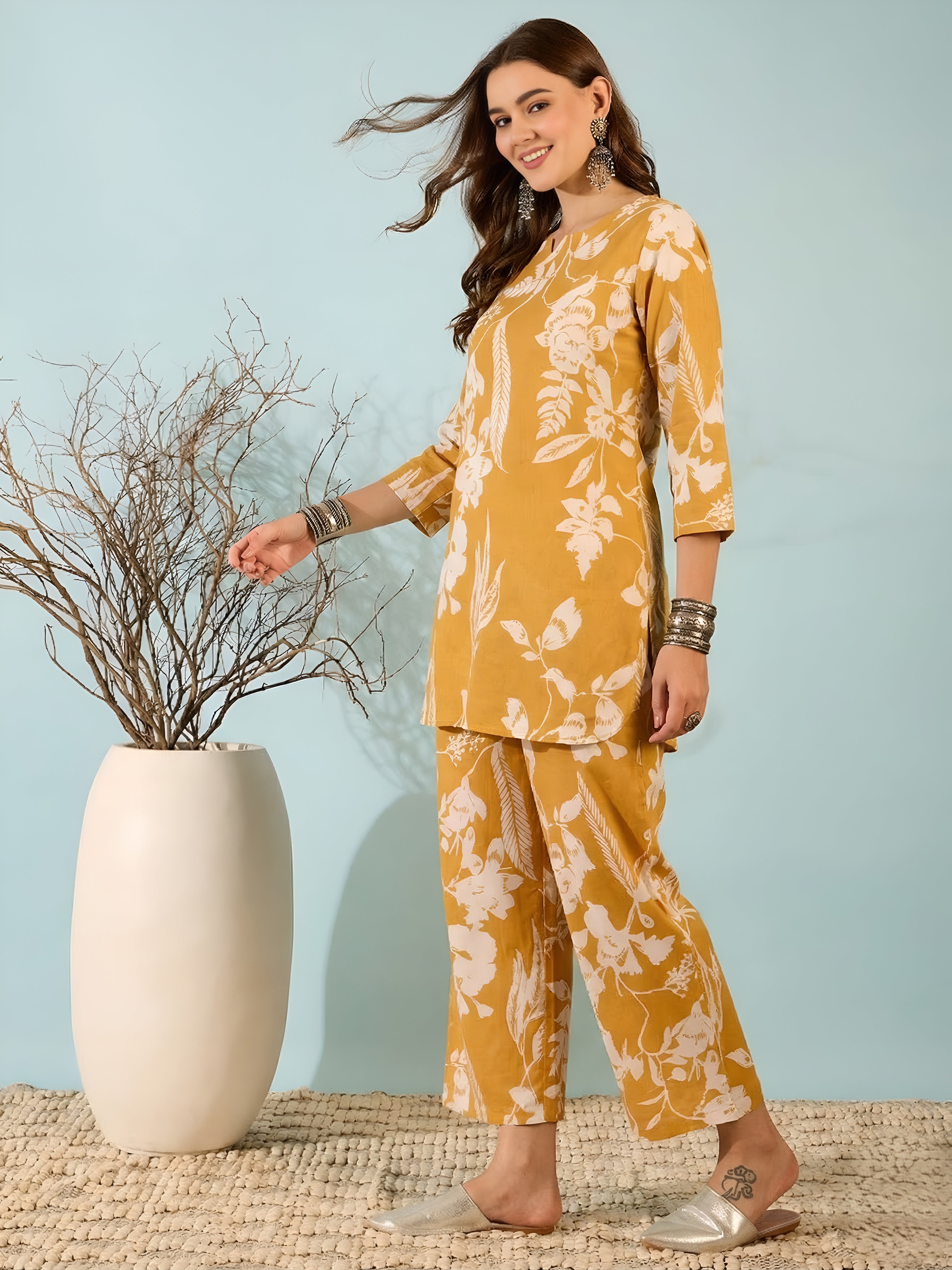 Mustard Yellow Floral Co-Ord Set for Women