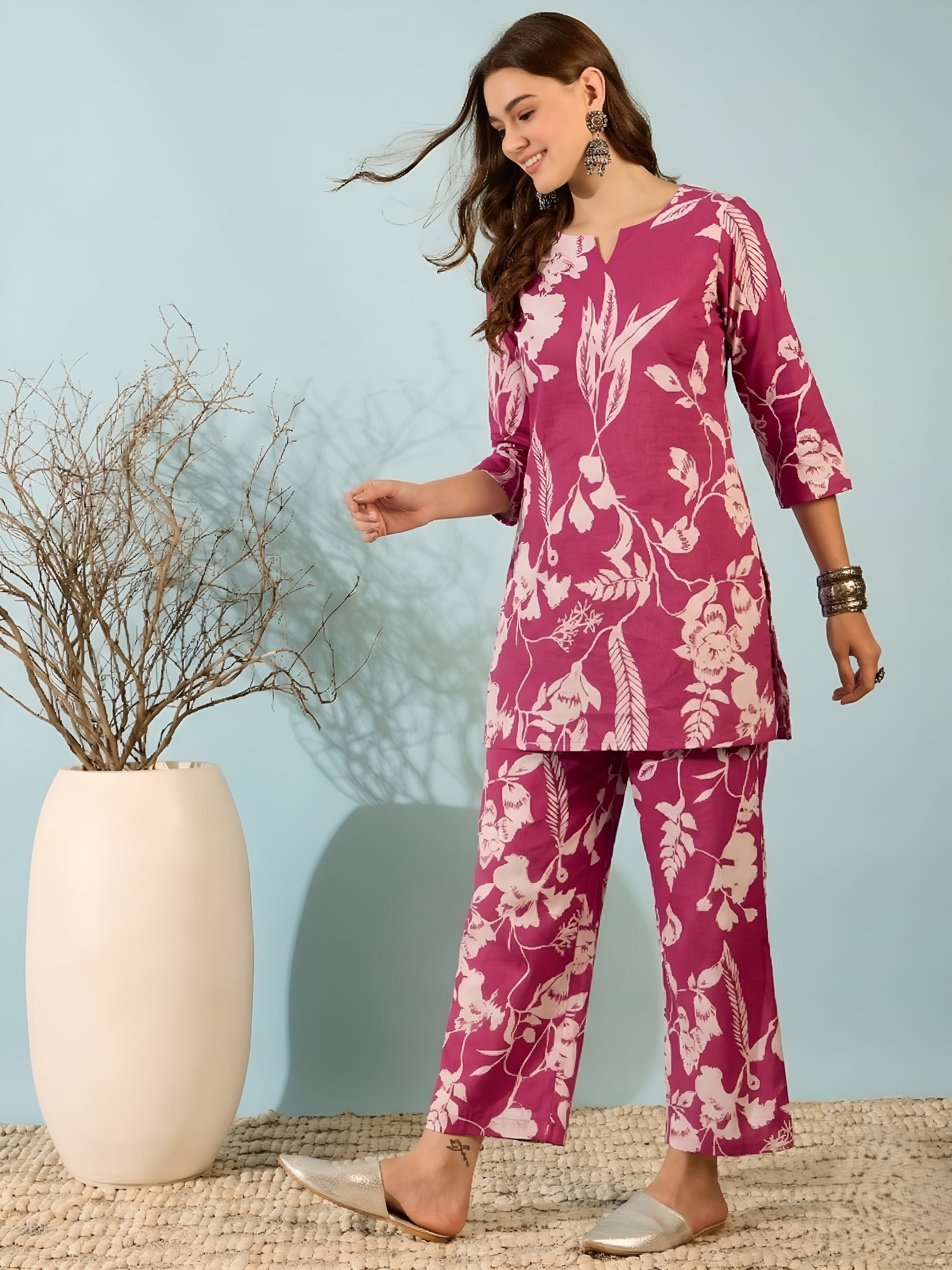 Rose Pink Floral Kurti & Pant Co-Ord Set