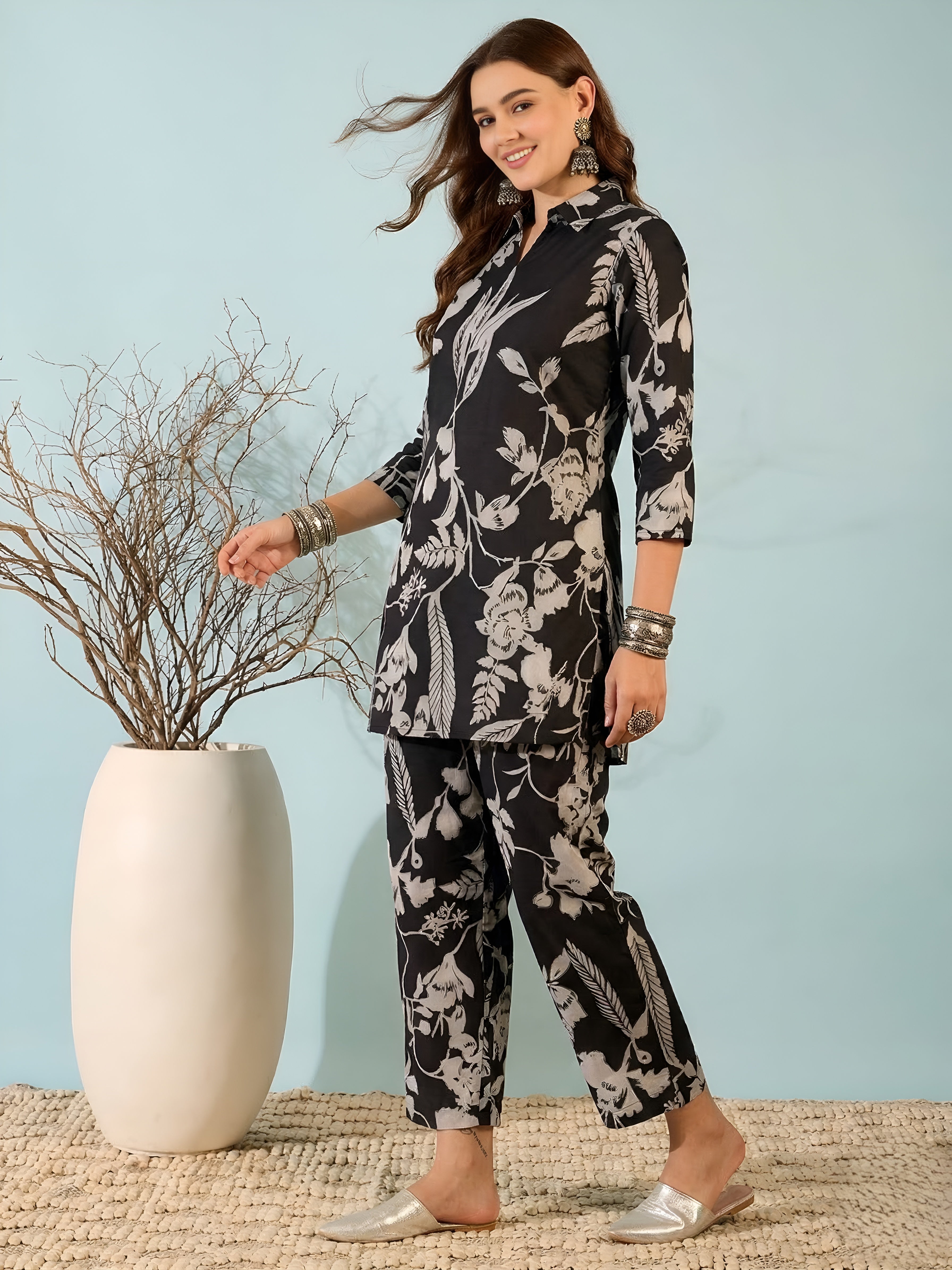 Black Floral Print Co-Ord Set with Straight Pants