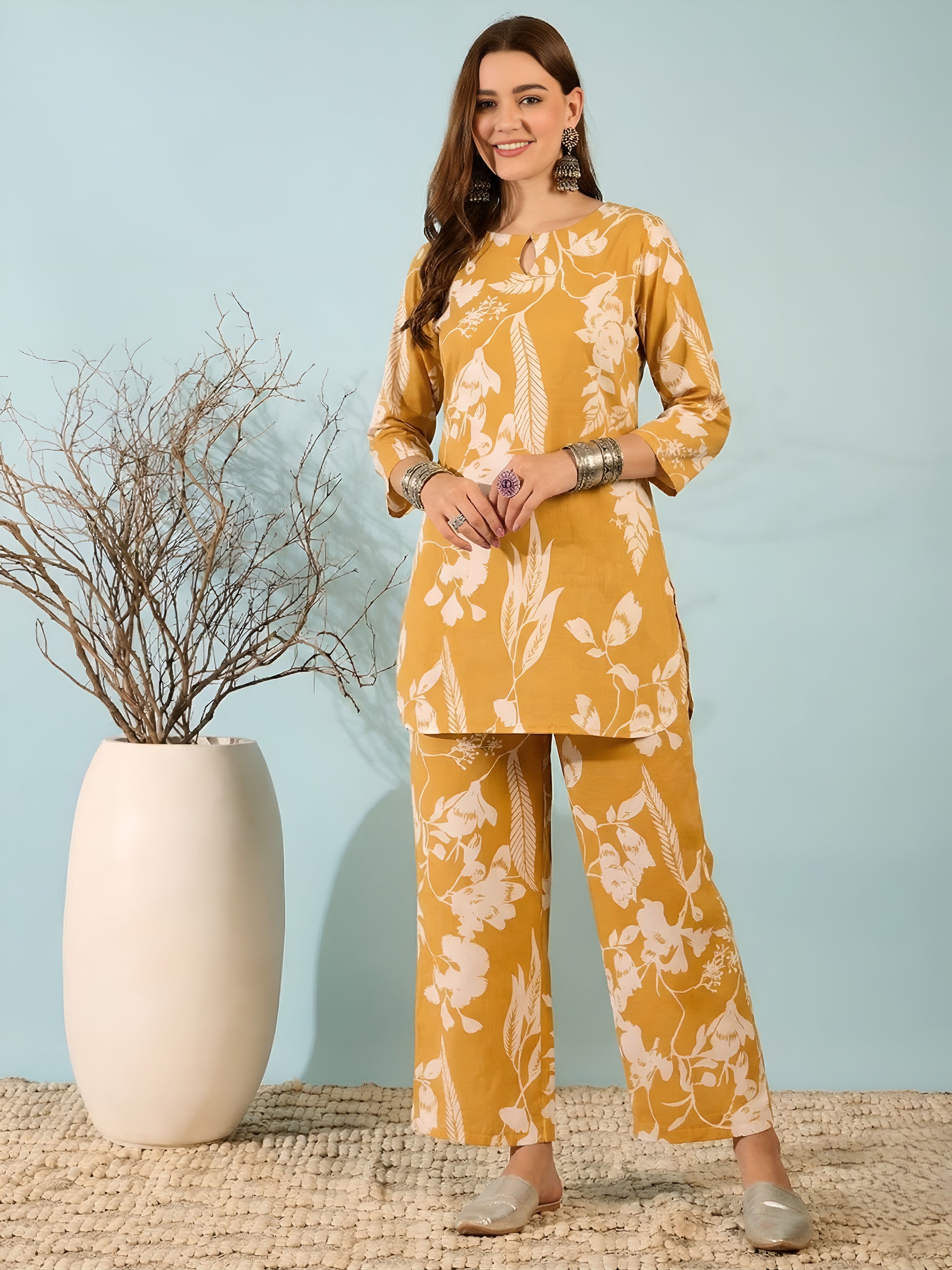 Mustard Yellow Floral Co-Ord Set for Women