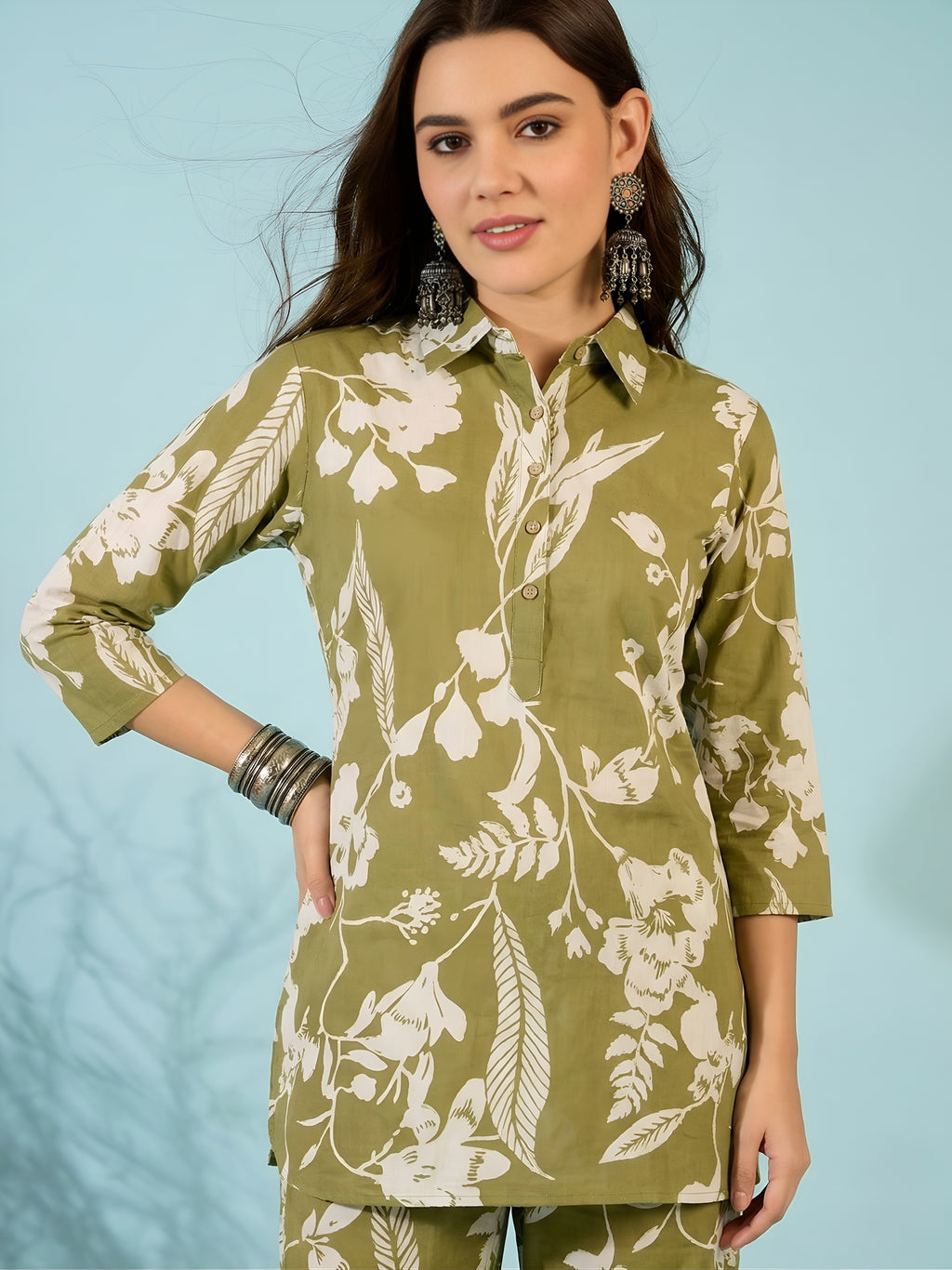 Olive Green Floral Printed Co-ord Set for Women