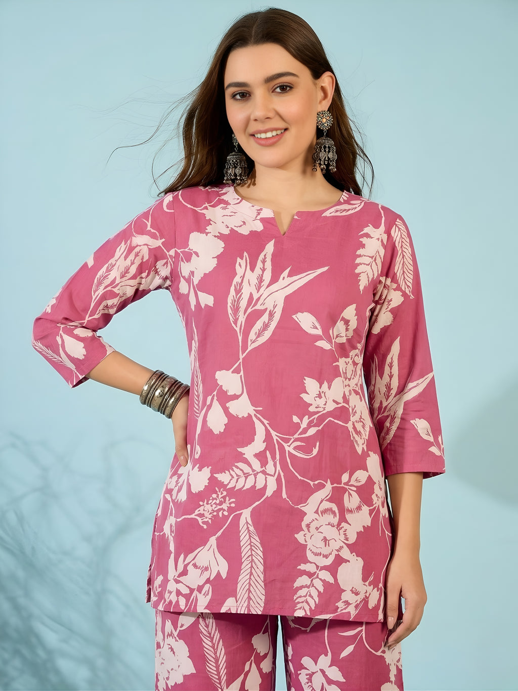 Rose Pink Floral Kurti & Pant Co-Ord Set