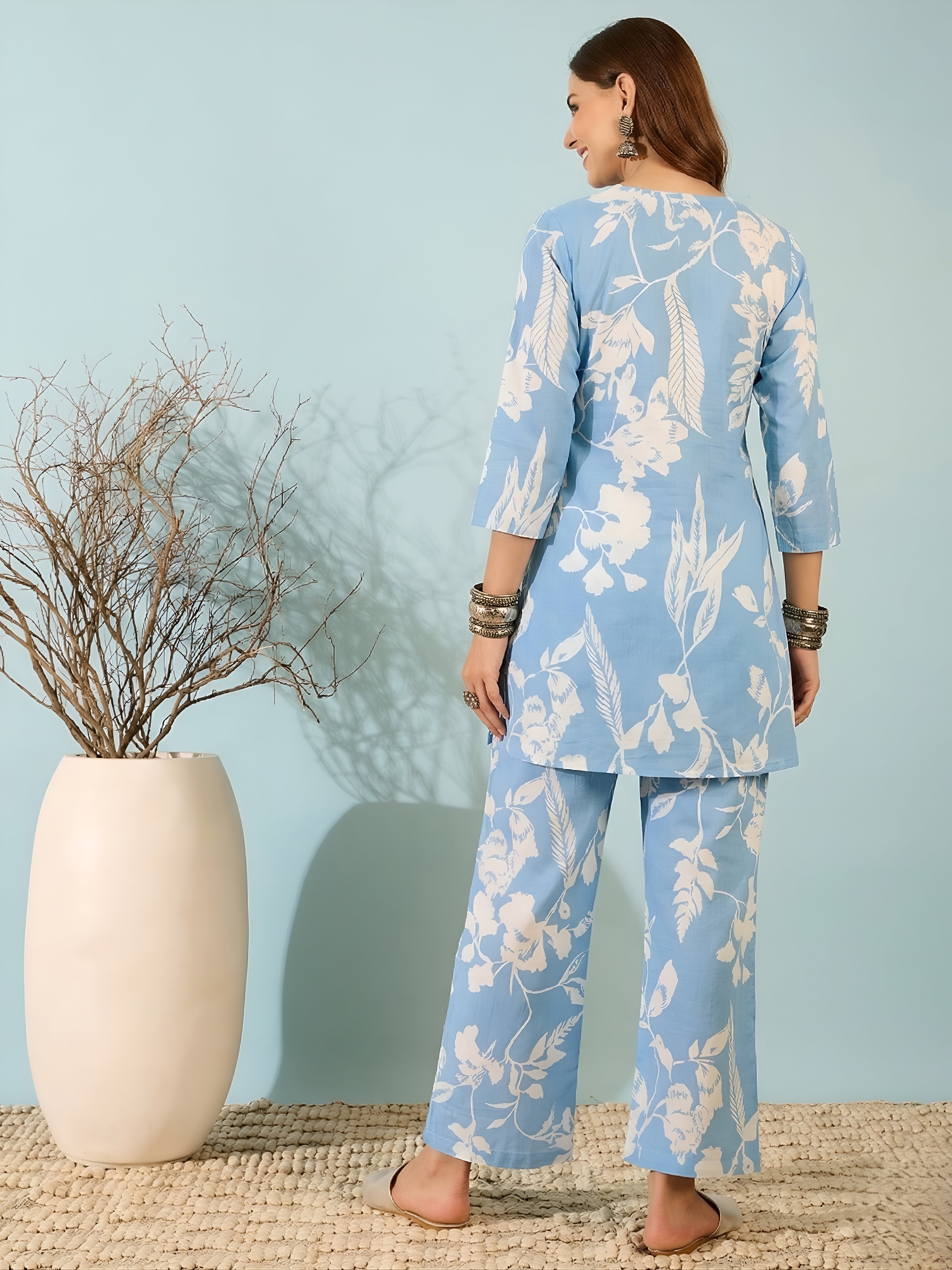 Blue Floral Printed Kurta & Pant Co-ord Set for Women