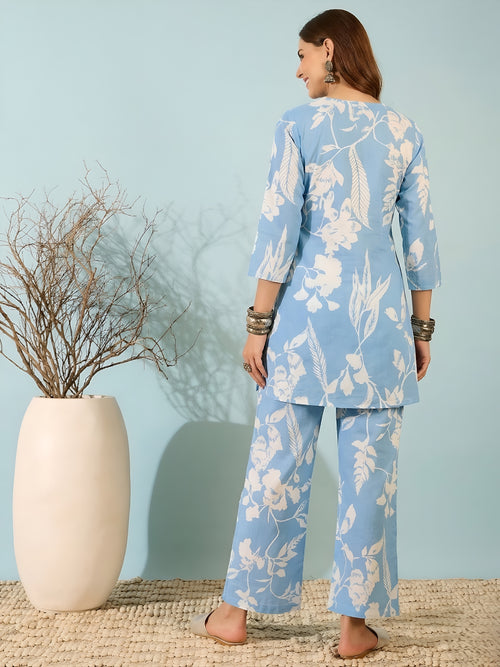 Blue Floral Printed Kurta & Pant Co-ord Set for Women