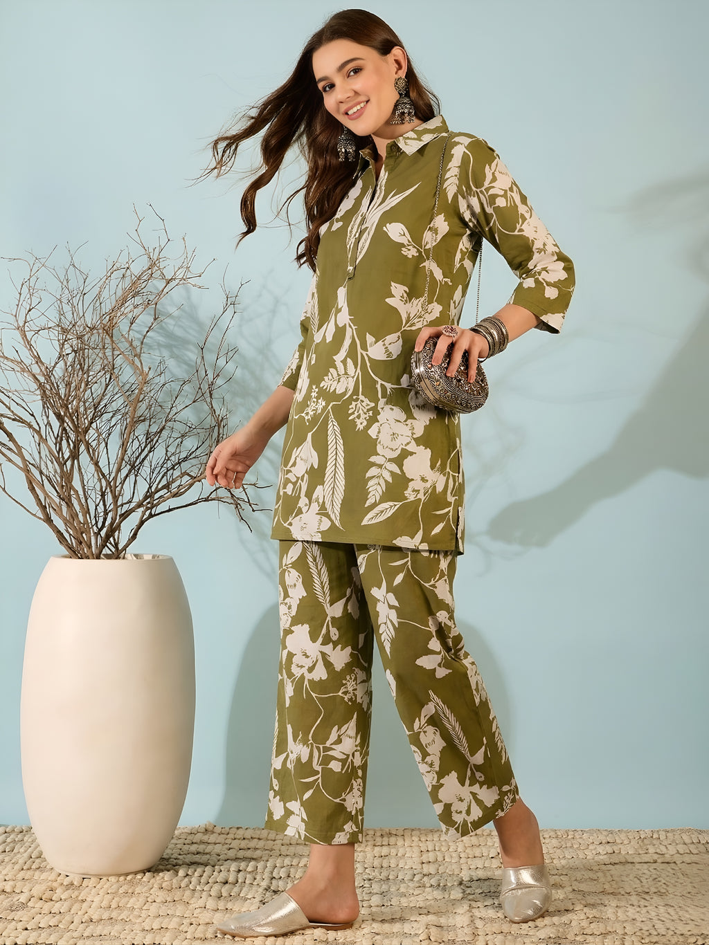 Olive Green Floral Printed Co-ord Set for Women
