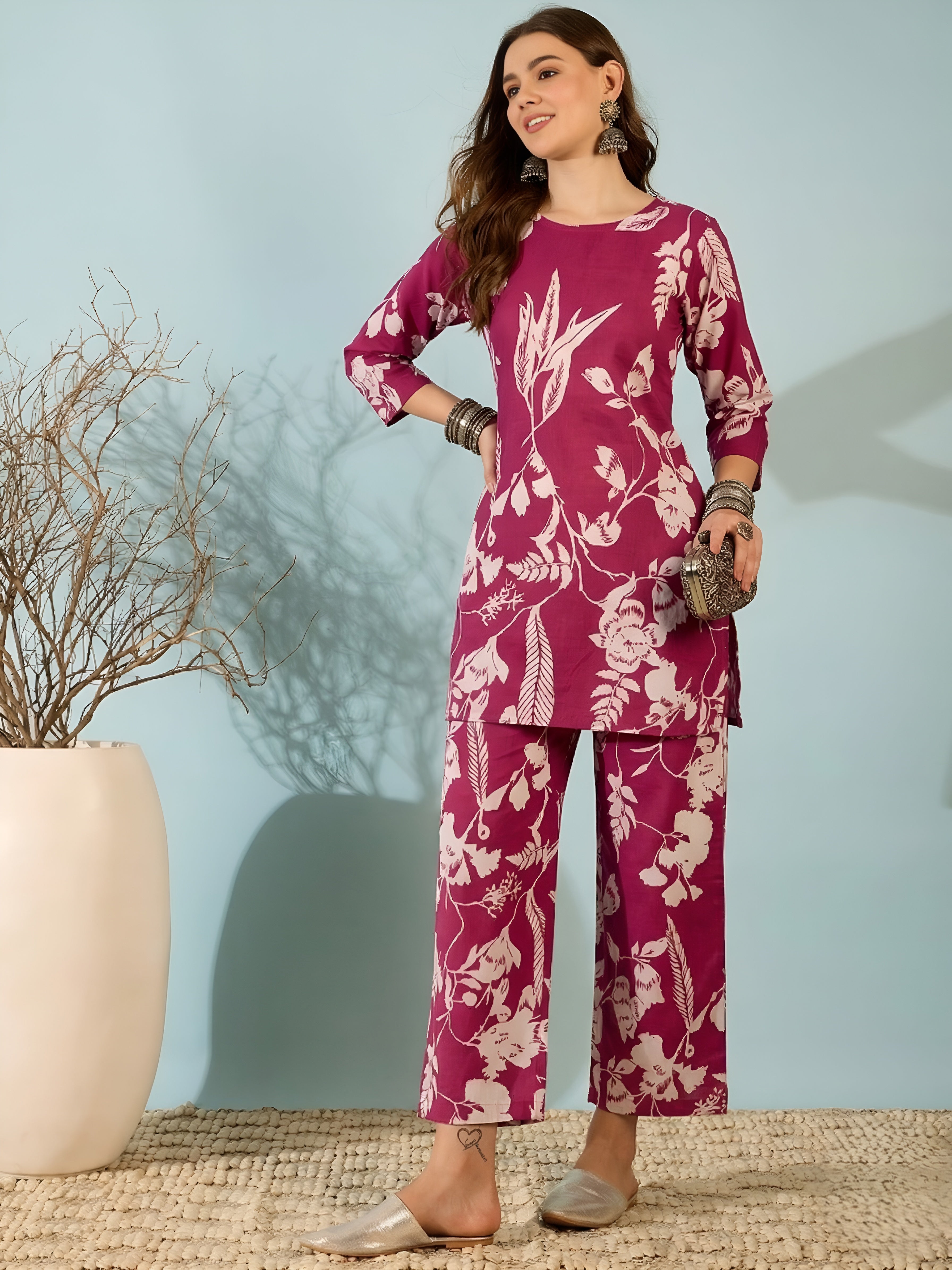 Rose Pink Floral Kurti & Pant Co-Ord Set