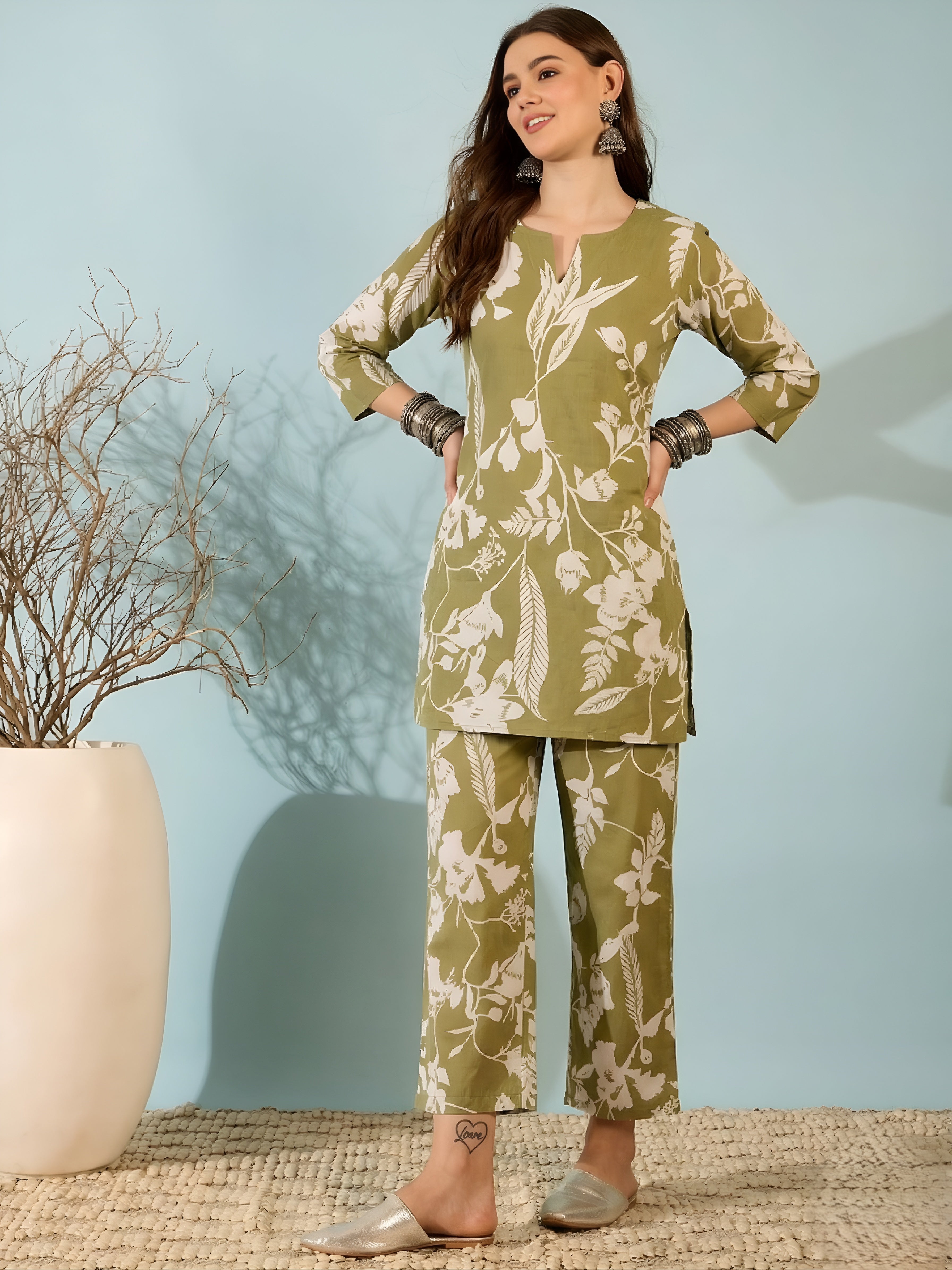 Olive Green Floral Printed Co-ord Set for Women